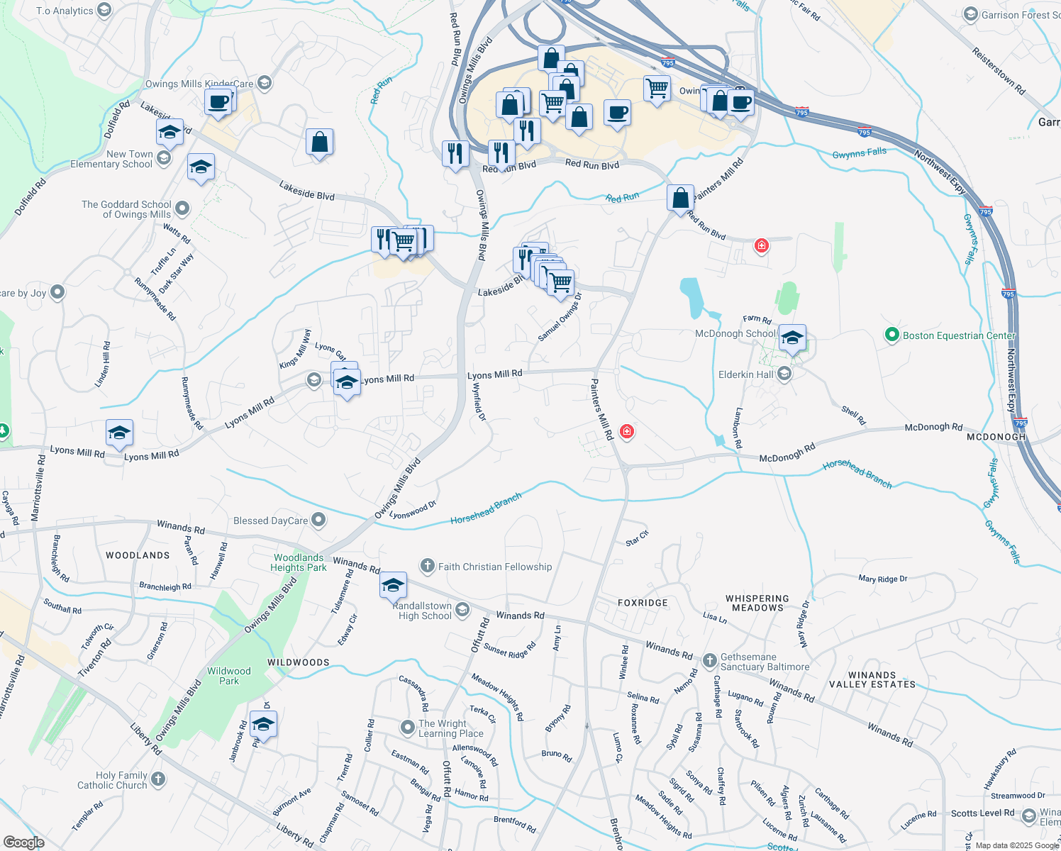 map of restaurants, bars, coffee shops, grocery stores, and more near 9351 Owings Choice Court in Owings Mills