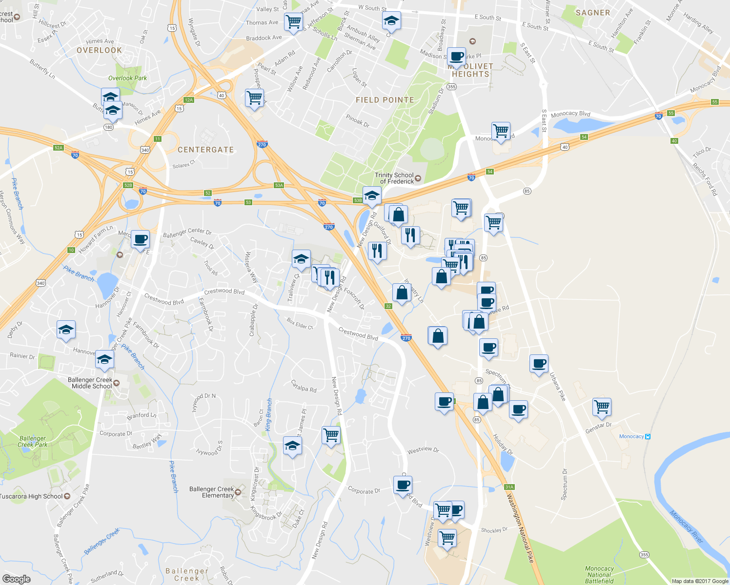 map of restaurants, bars, coffee shops, grocery stores, and more near 5819 Drawbridge Court in Frederick