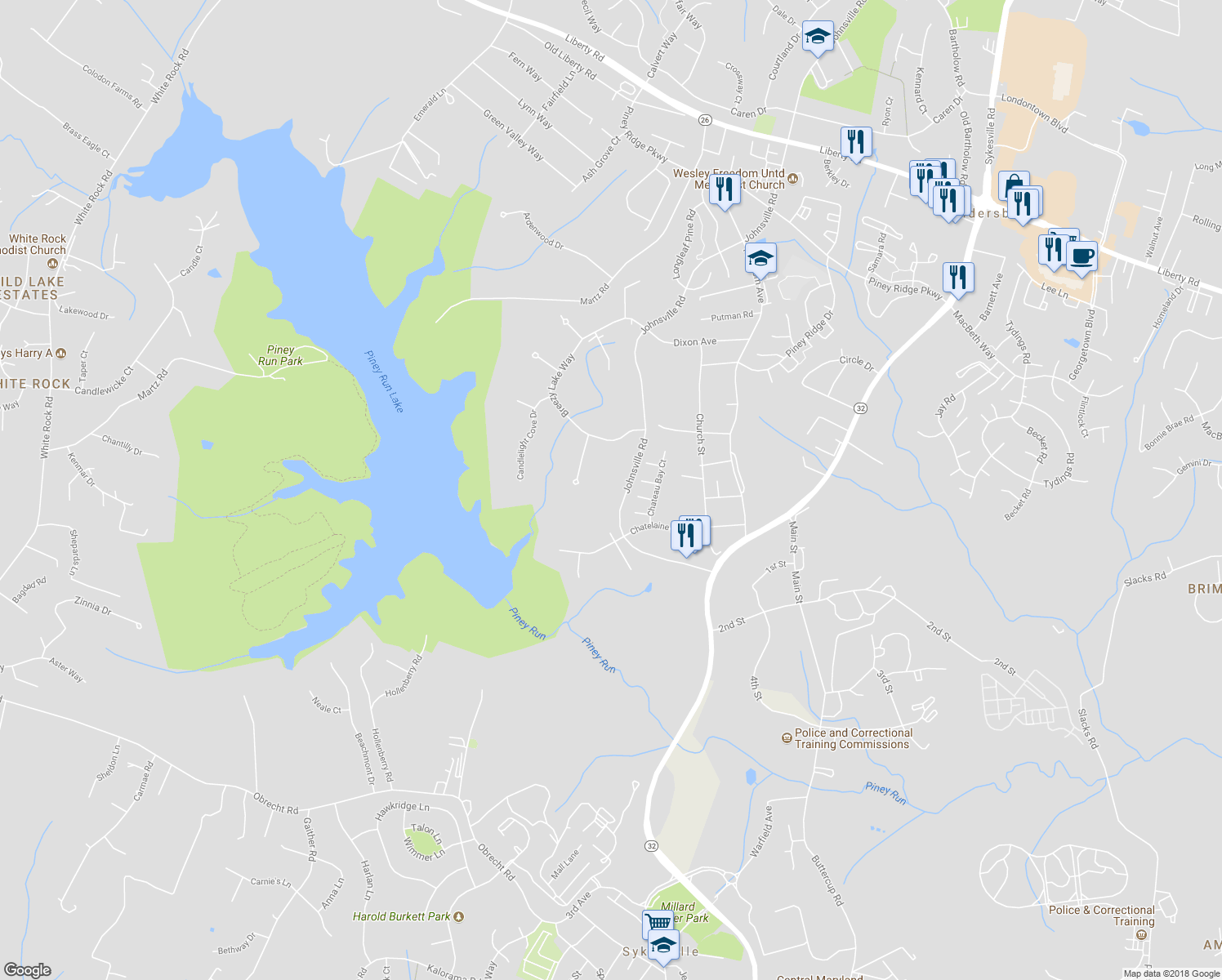 map of restaurants, bars, coffee shops, grocery stores, and more near 630 Johnsville Road in Sykesville