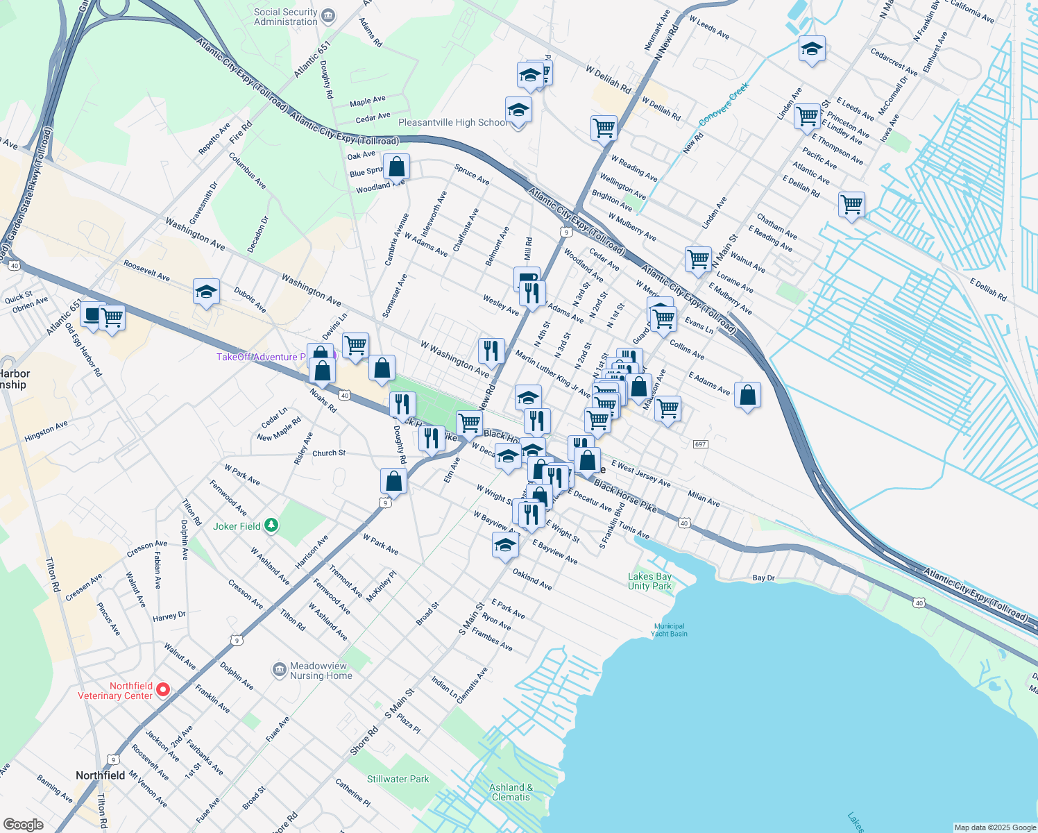 map of restaurants, bars, coffee shops, grocery stores, and more near 27 South 3rd Street in Pleasantville