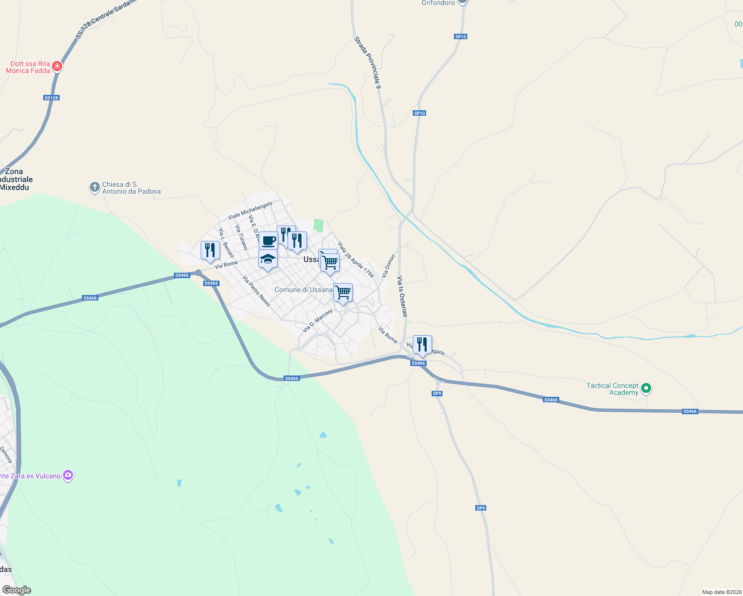 map of restaurants, bars, coffee shops, grocery stores, and more near 6 Via Padre Serri in Ussana