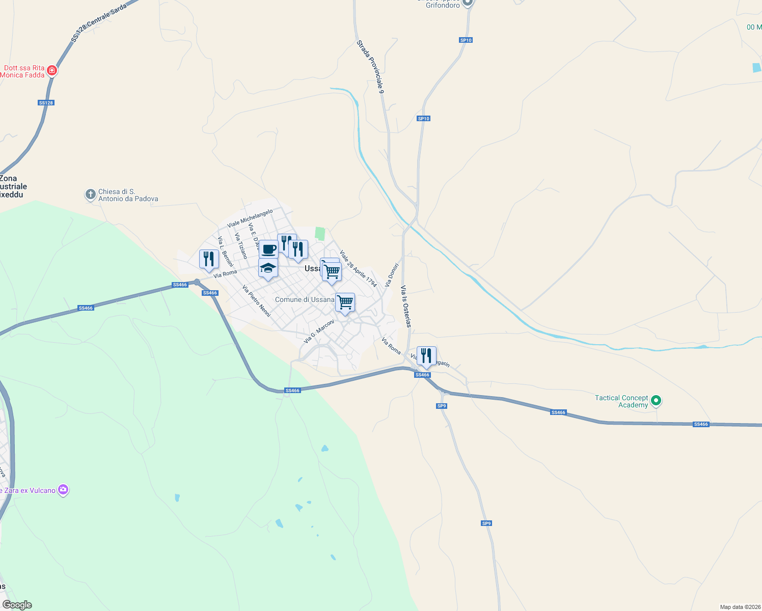 map of restaurants, bars, coffee shops, grocery stores, and more near 6 Via Padre Serri in Ussana