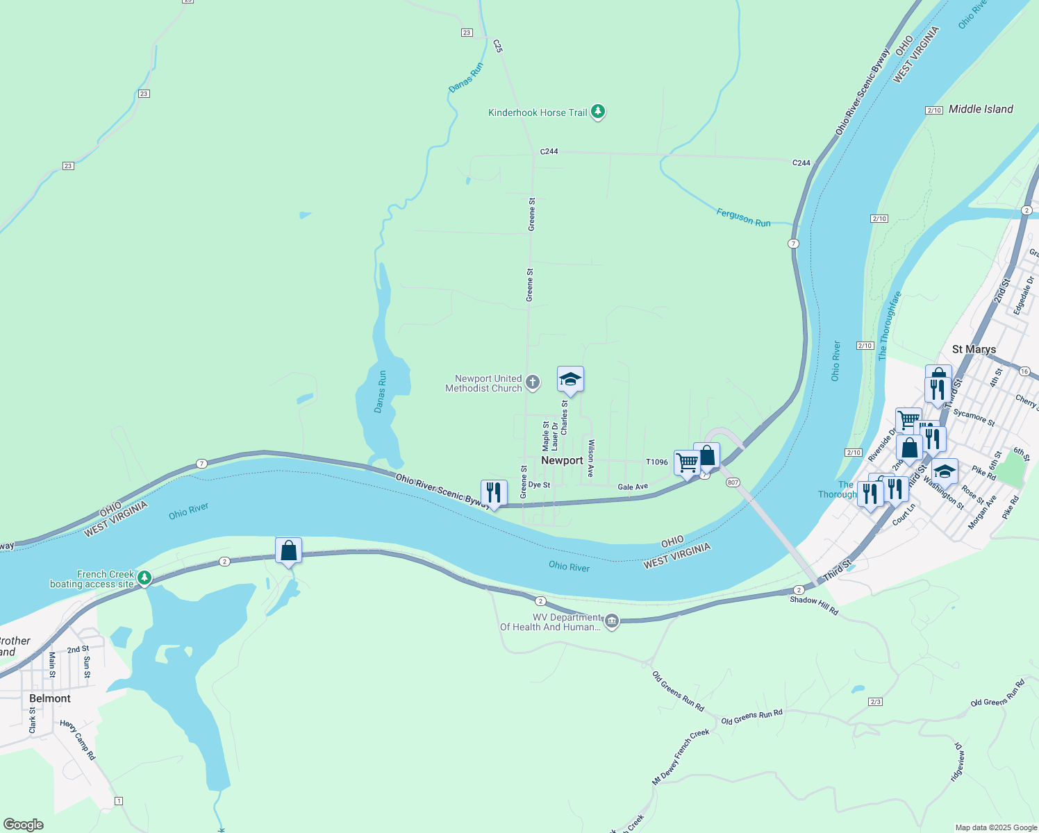 map of restaurants, bars, coffee shops, grocery stores, and more near 355 Greene St in Newport