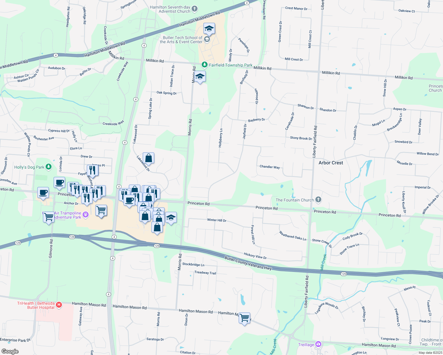 map of restaurants, bars, coffee shops, grocery stores, and more near 6473 Jayfield Drive in Hamilton