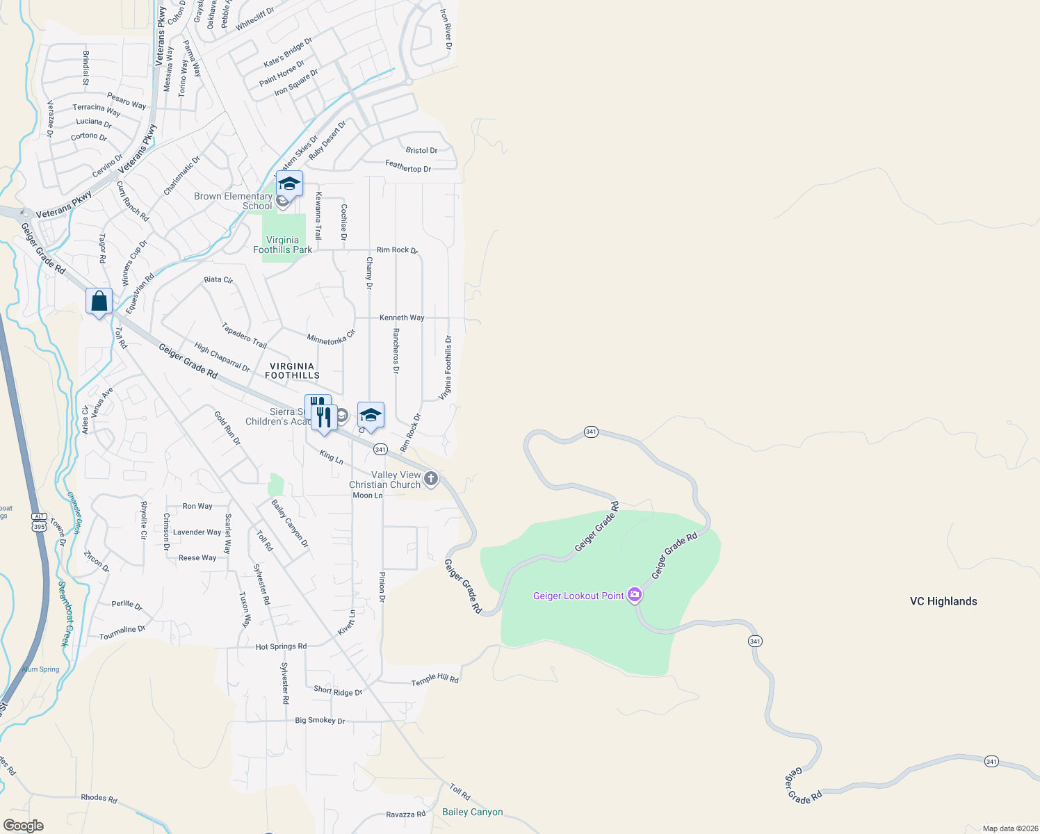 map of restaurants, bars, coffee shops, grocery stores, and more near 2396-3000 Geiger Grade Road in Reno