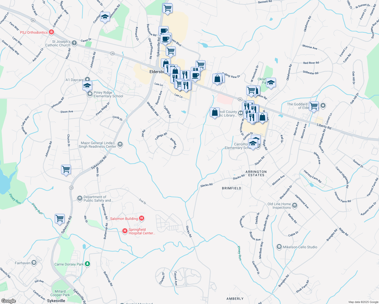 map of restaurants, bars, coffee shops, grocery stores, and more near 856 Margo Court in Eldersburg
