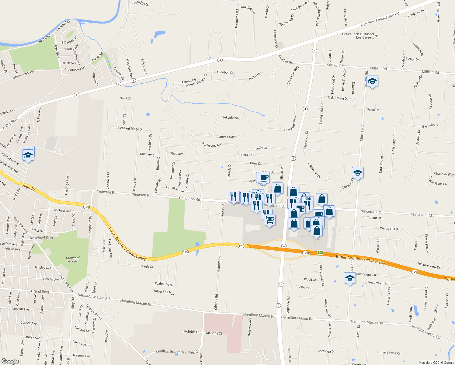 map of restaurants, bars, coffee shops, grocery stores, and more near 6509 Fayetta Drive in Hamilton