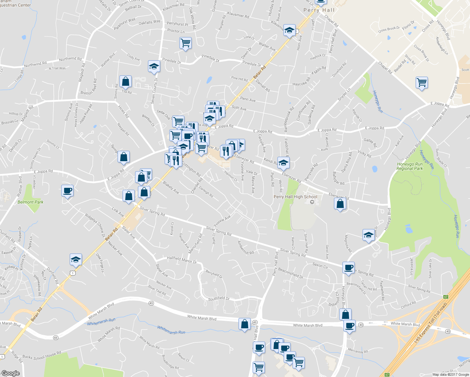 map of restaurants, bars, coffee shops, grocery stores, and more near 3905 Darleigh Rd in Perry Hall