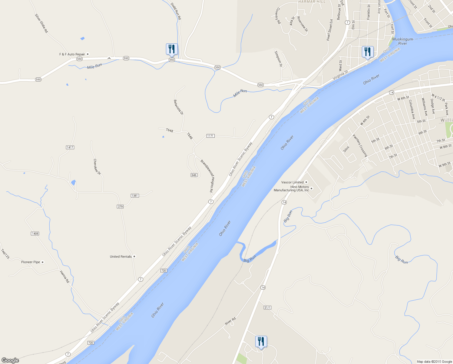 map of restaurants, bars, coffee shops, grocery stores, and more near Ohio River Scenic Byway in Marietta