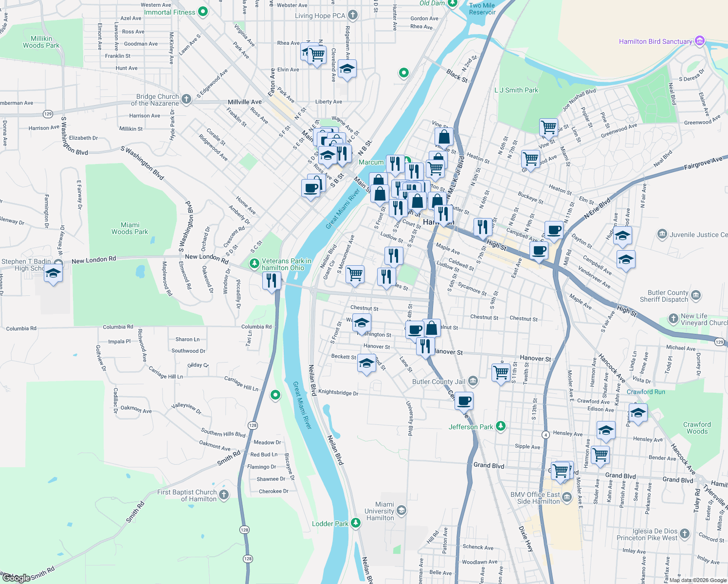 map of restaurants, bars, coffee shops, grocery stores, and more near 138 Pershing Avenue in Hamilton