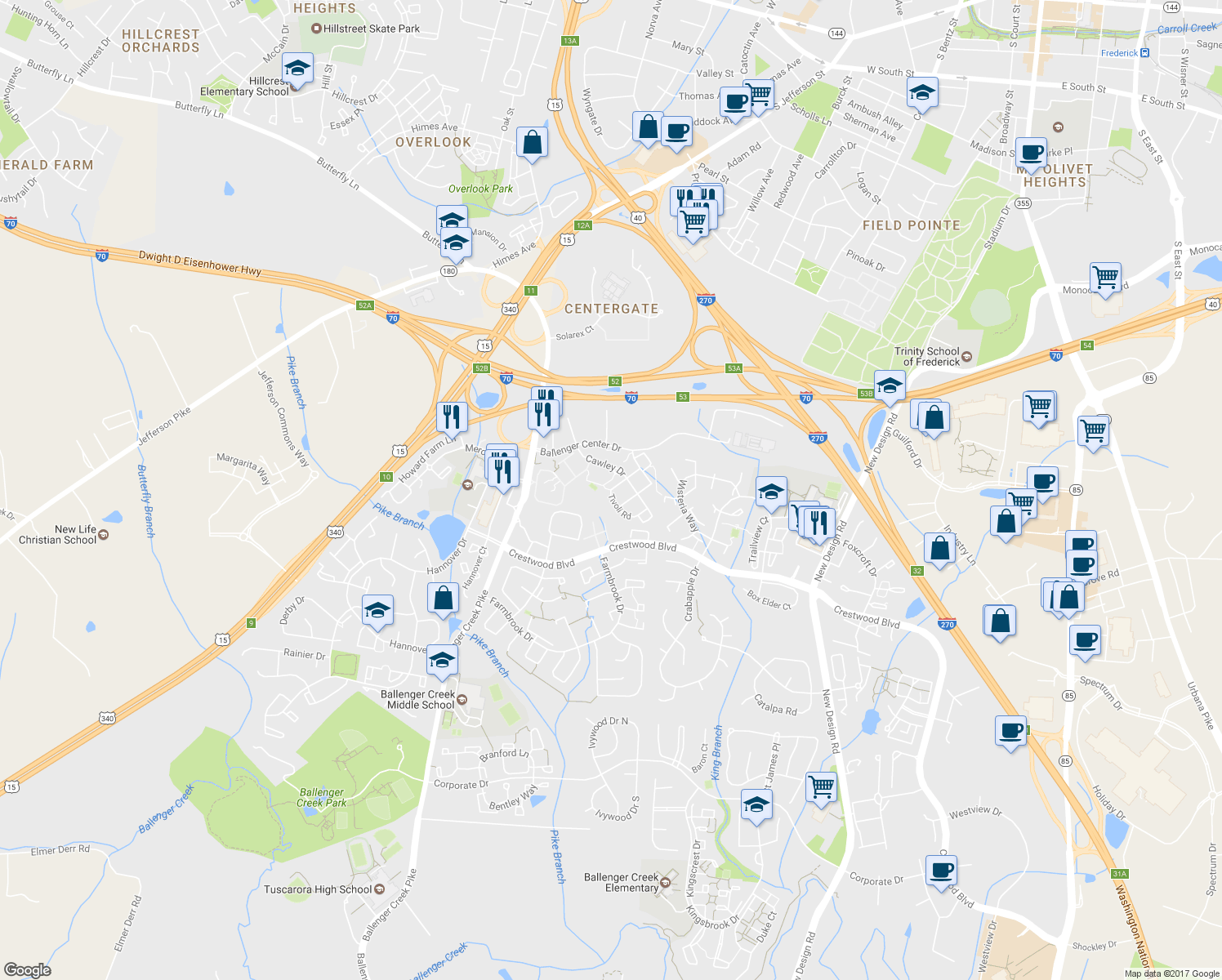 map of restaurants, bars, coffee shops, grocery stores, and more near 690 Tivoli Road in Frederick