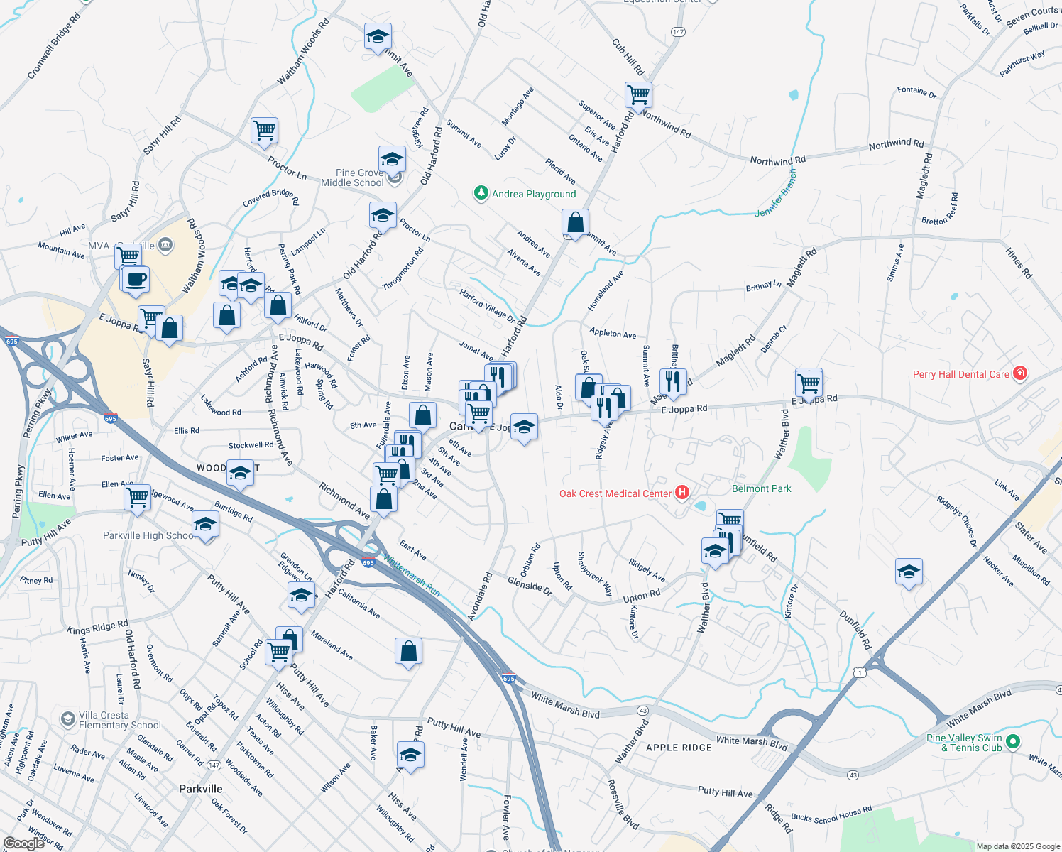 map of restaurants, bars, coffee shops, grocery stores, and more near 3145 East Joppa Road in Parkville