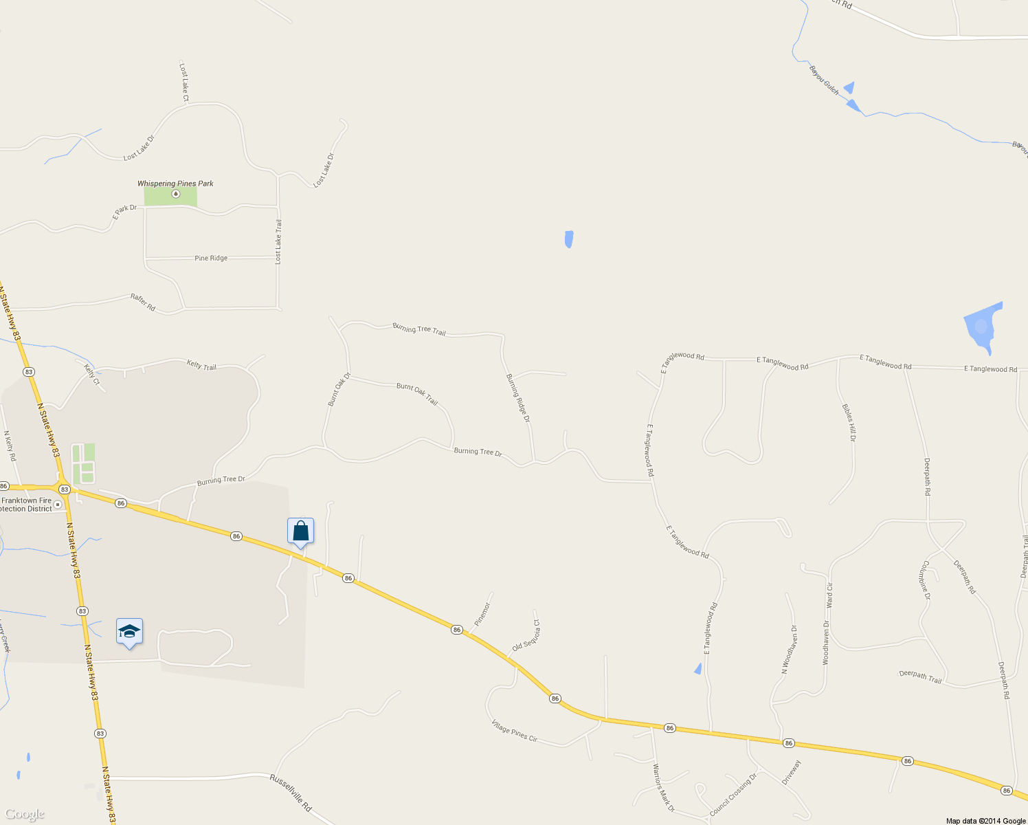 map of restaurants, bars, coffee shops, grocery stores, and more near 2255 Burning Ridge Drive in Franktown