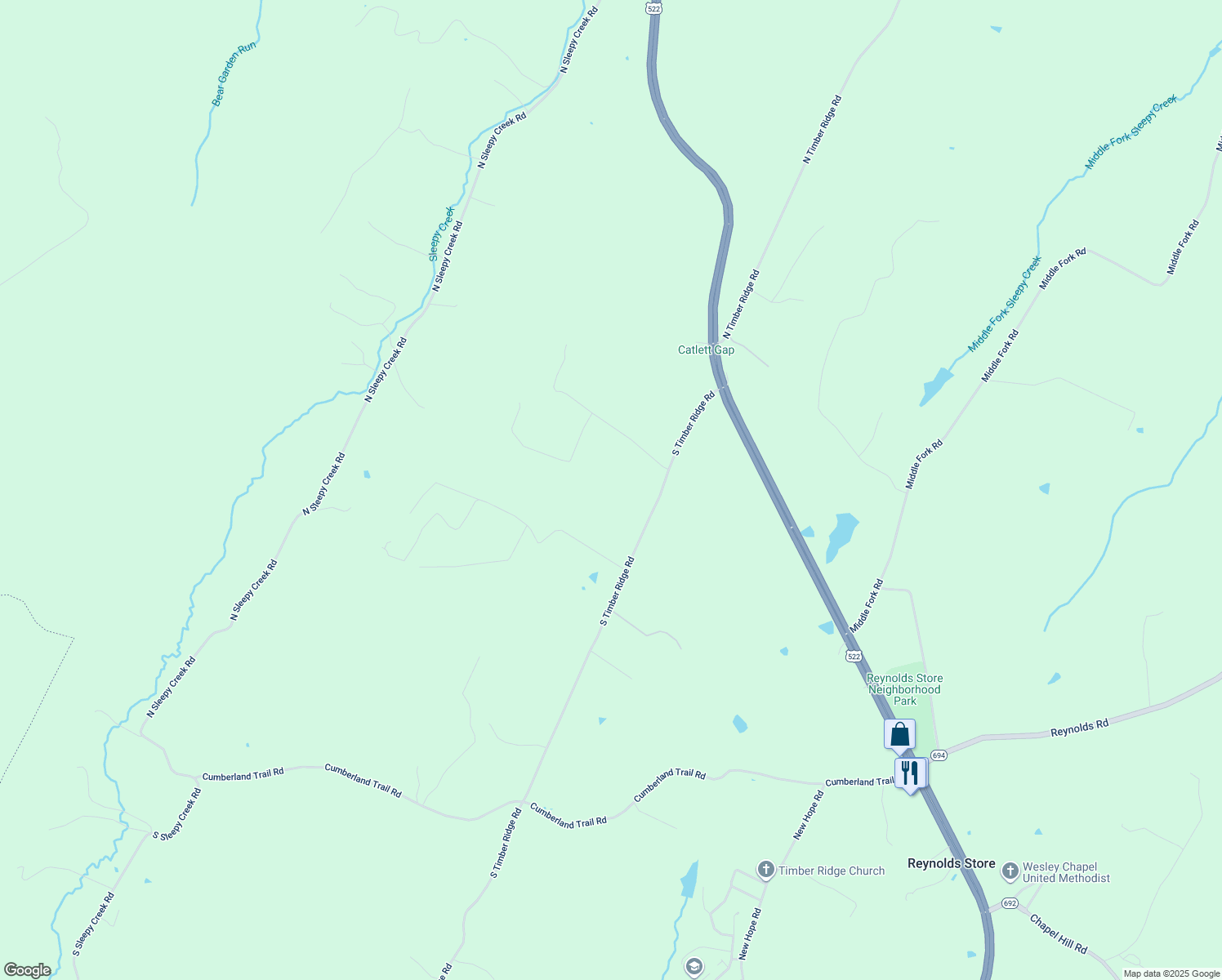 map of restaurants, bars, coffee shops, grocery stores, and more near 1793 South Timber Ridge Road in Cross Junction