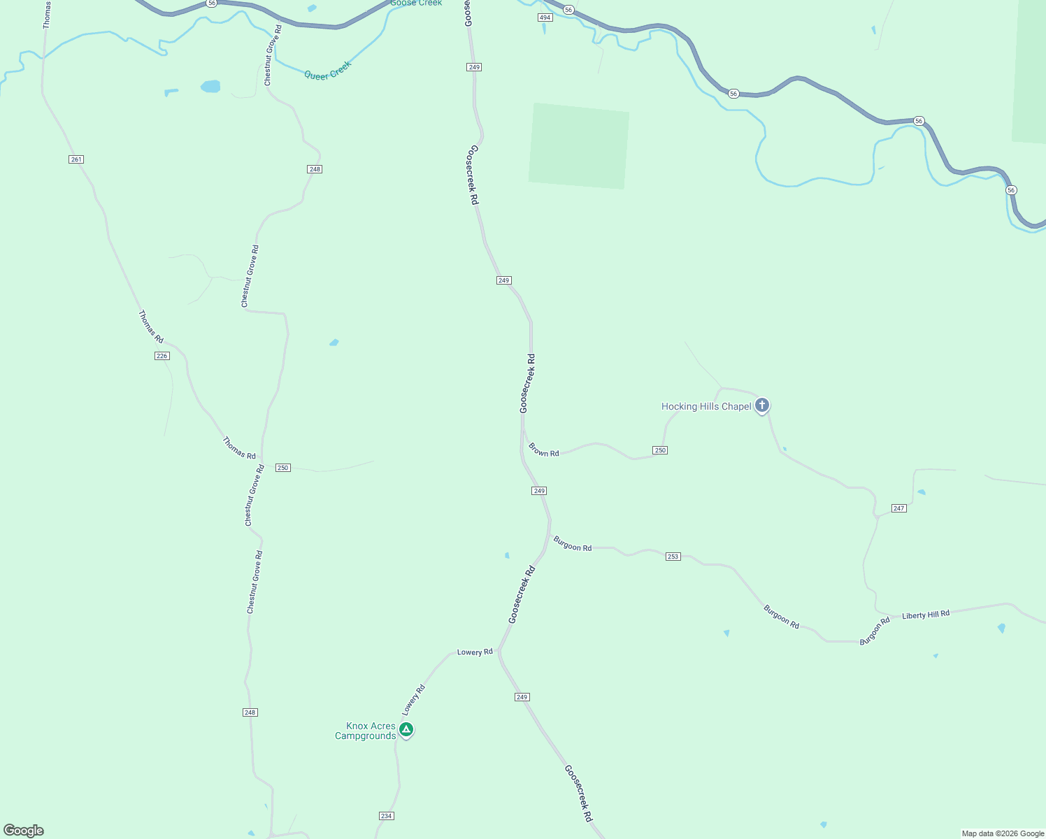 map of restaurants, bars, coffee shops, grocery stores, and more near County Road 249 in Hocking County