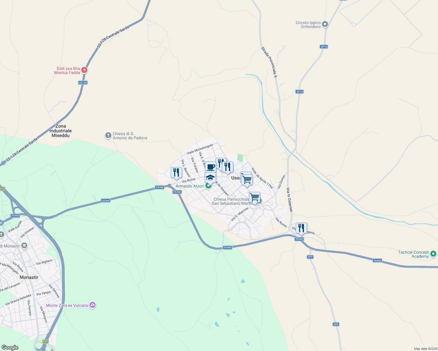 map of restaurants, bars, coffee shops, grocery stores, and more near 8 Via Trento in Ussana