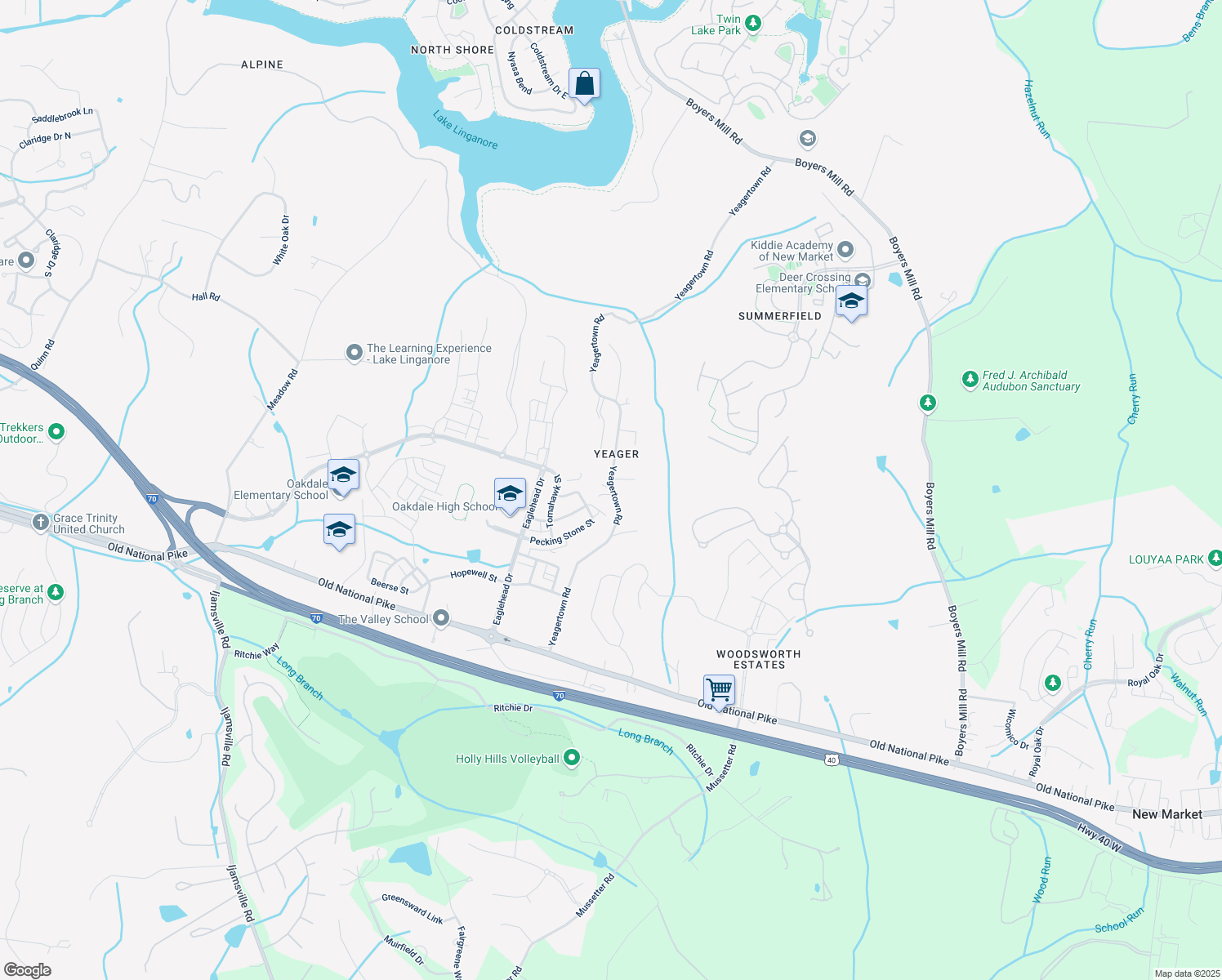 map of restaurants, bars, coffee shops, grocery stores, and more near 5900 Yeagertown Road in New Market