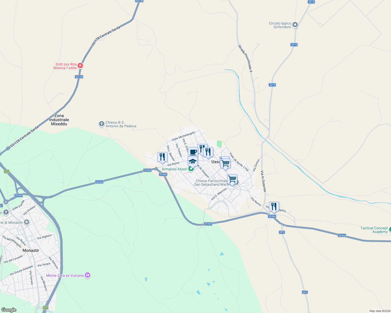 map of restaurants, bars, coffee shops, grocery stores, and more near 8 Via Trento in Ussana