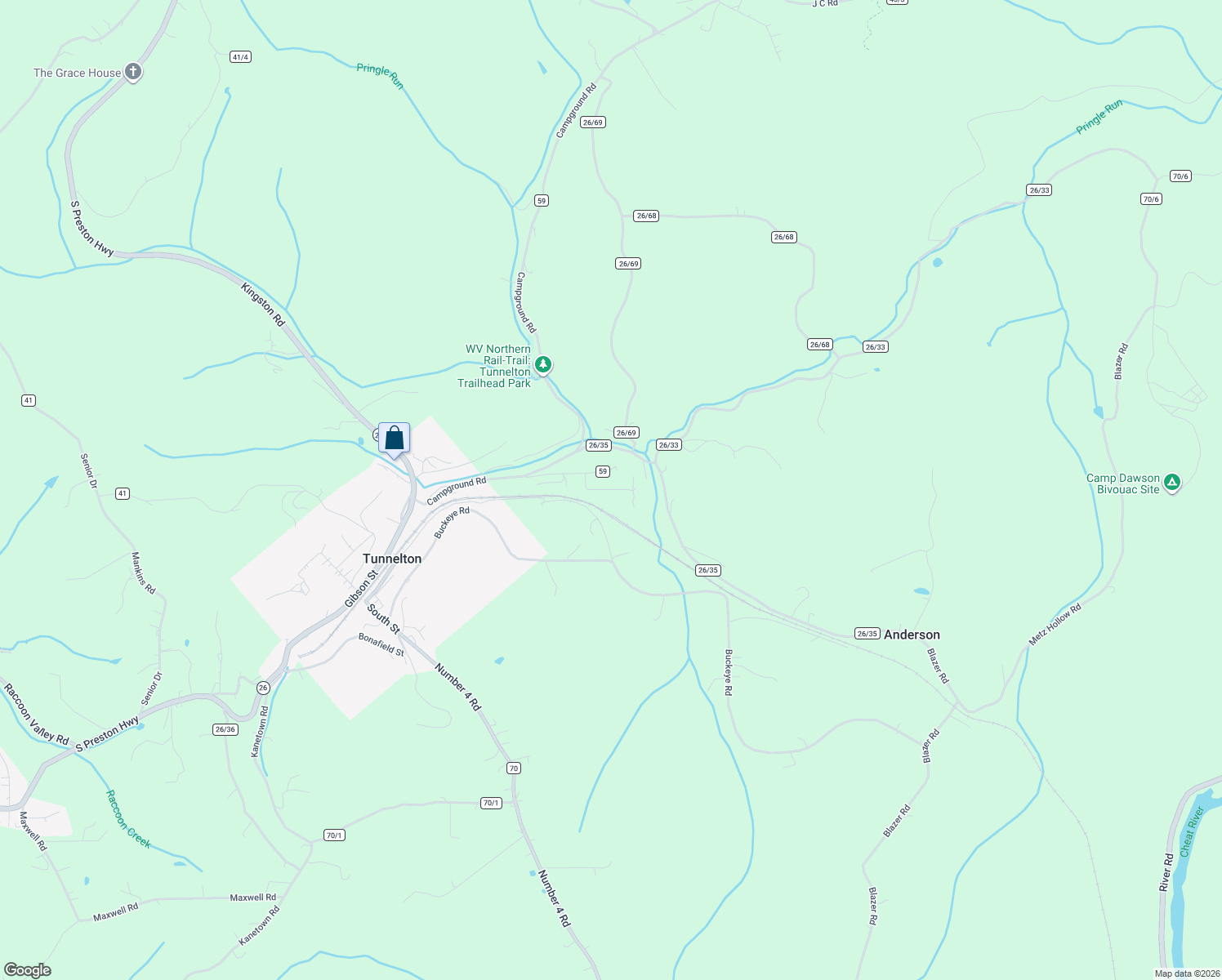 map of restaurants, bars, coffee shops, grocery stores, and more near Center Rd in Tunnelton