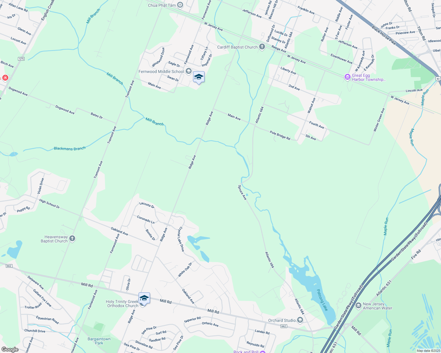 map of restaurants, bars, coffee shops, grocery stores, and more near 4076 Ridge Avenue in Egg Harbor Township