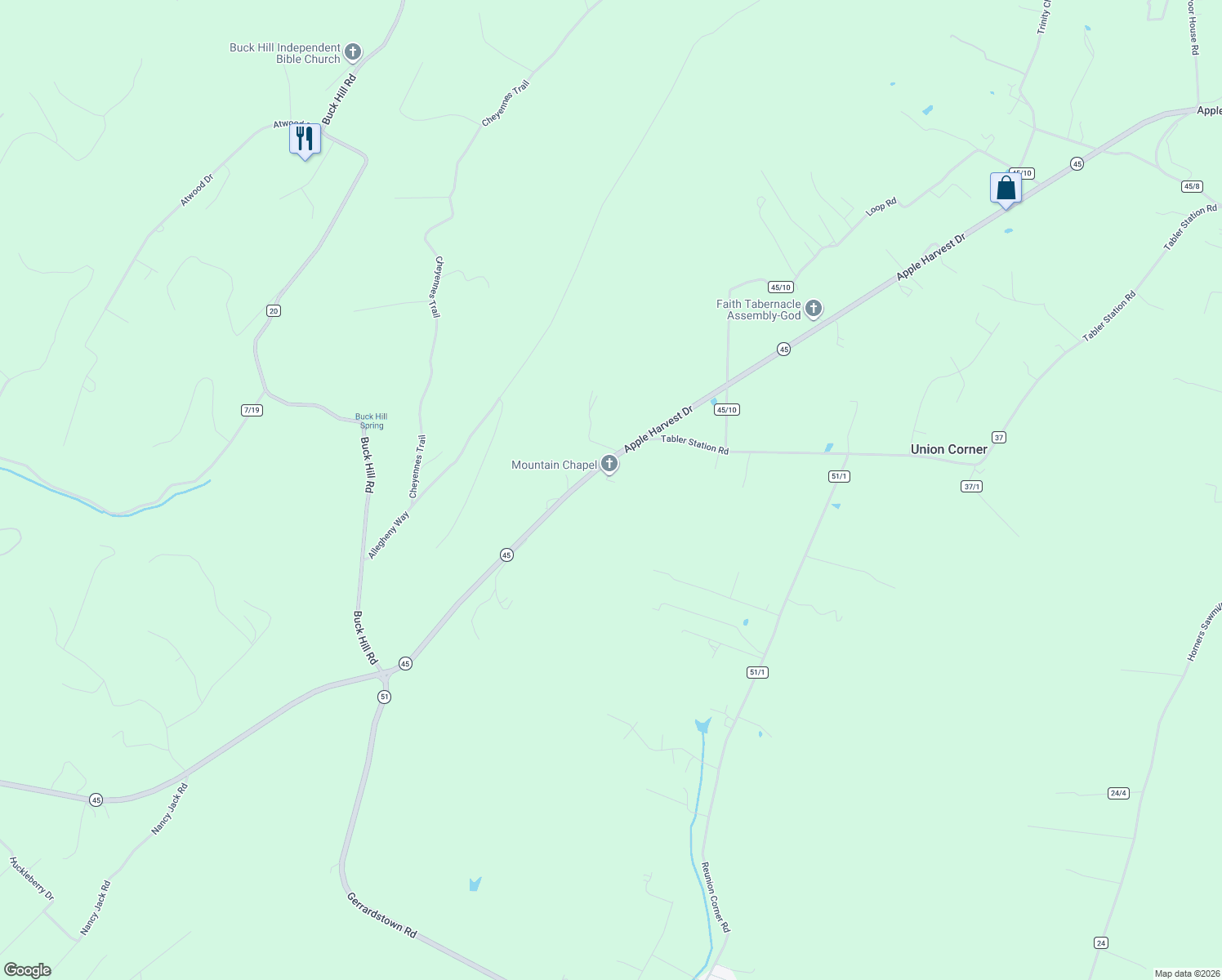map of restaurants, bars, coffee shops, grocery stores, and more near 86 Leonard Drive in Gerrardstown