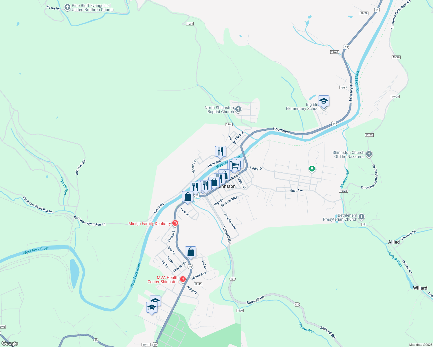 map of restaurants, bars, coffee shops, grocery stores, and more near 20 Water St in Shinnston