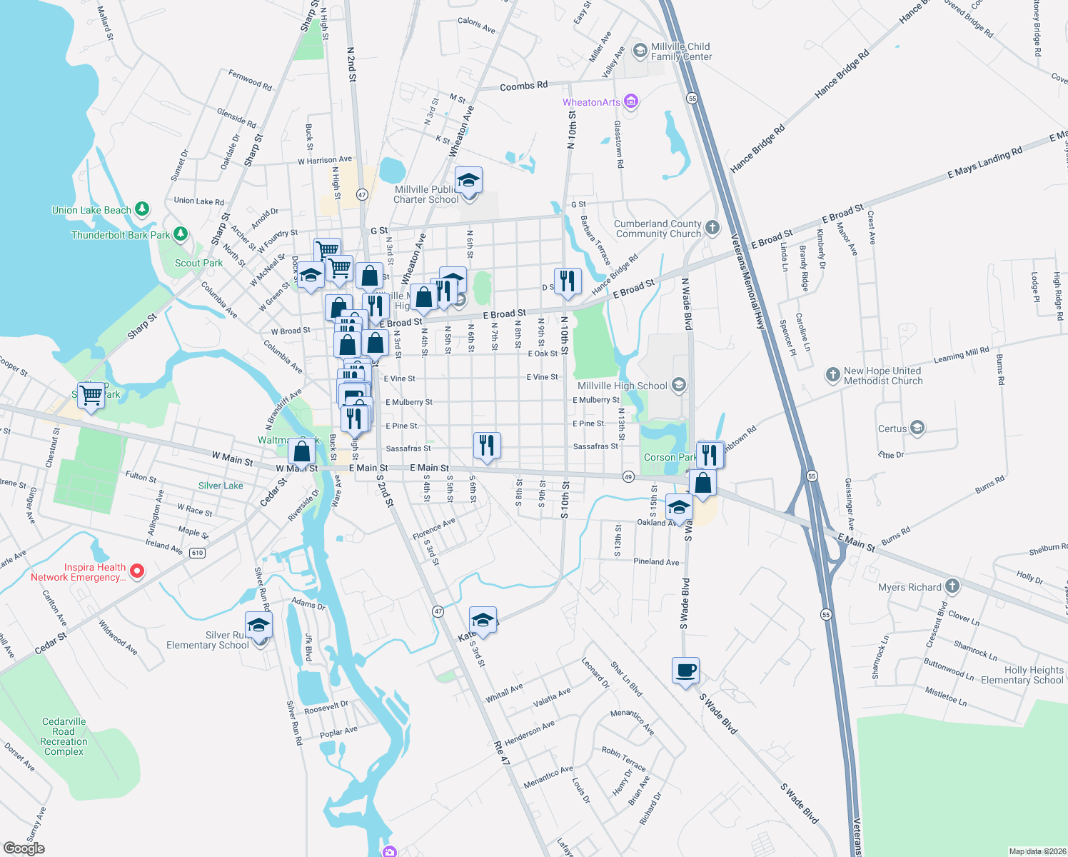map of restaurants, bars, coffee shops, grocery stores, and more near 815 East Pine Street in Millville