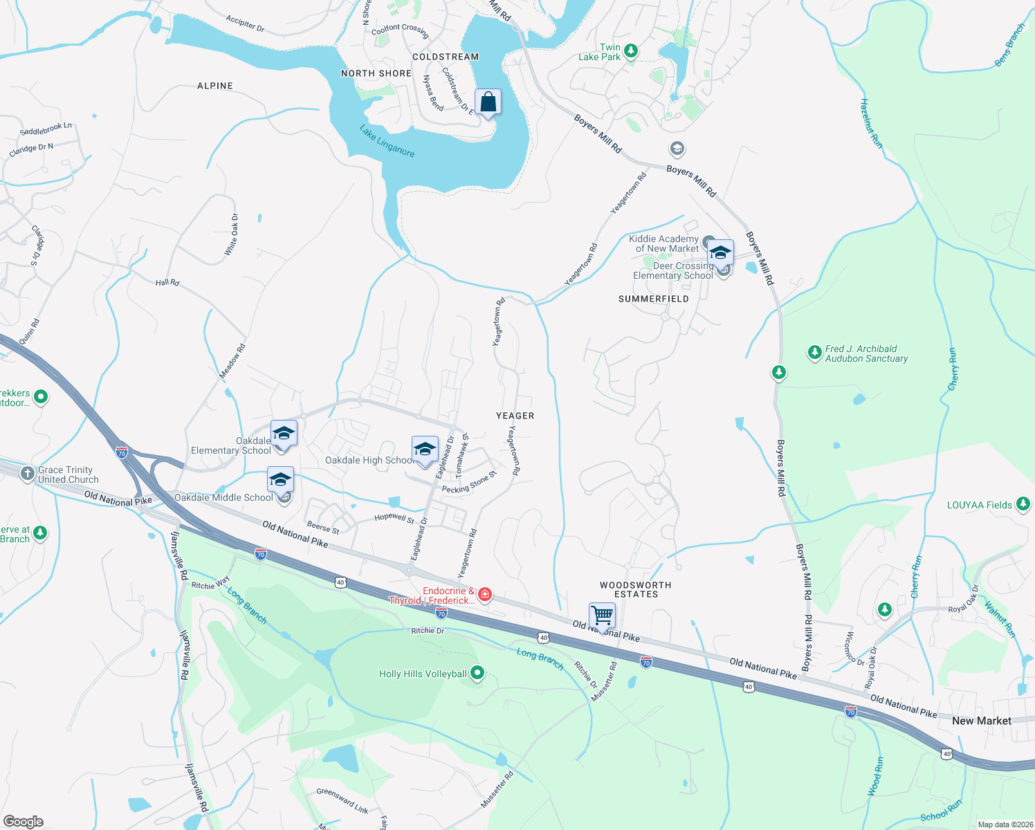 map of restaurants, bars, coffee shops, grocery stores, and more near 5937 Yeagertown Road in New Market
