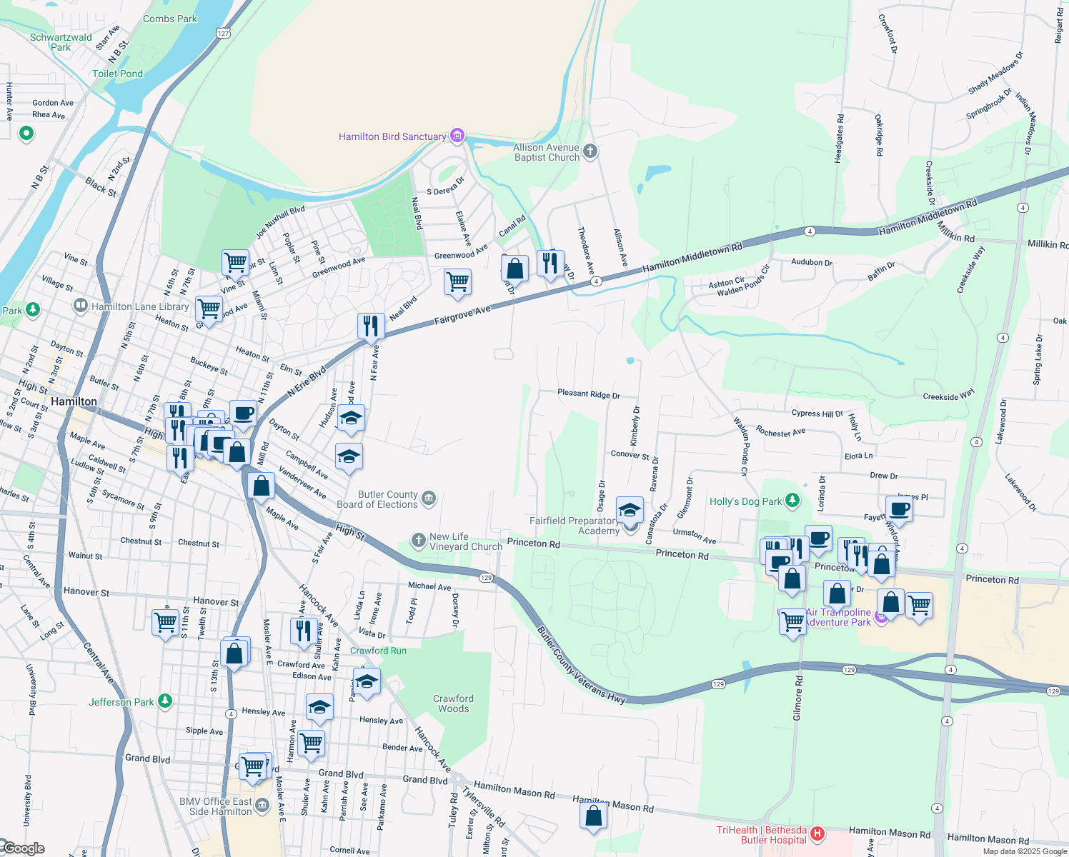 map of restaurants, bars, coffee shops, grocery stores, and more near 2708 Zoellners Ridge in Hamilton
