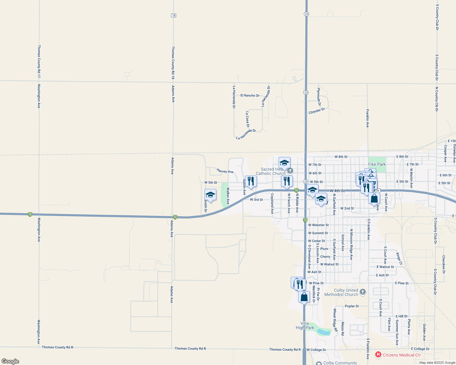 map of restaurants, bars, coffee shops, grocery stores, and more near Walker Ave in Colby