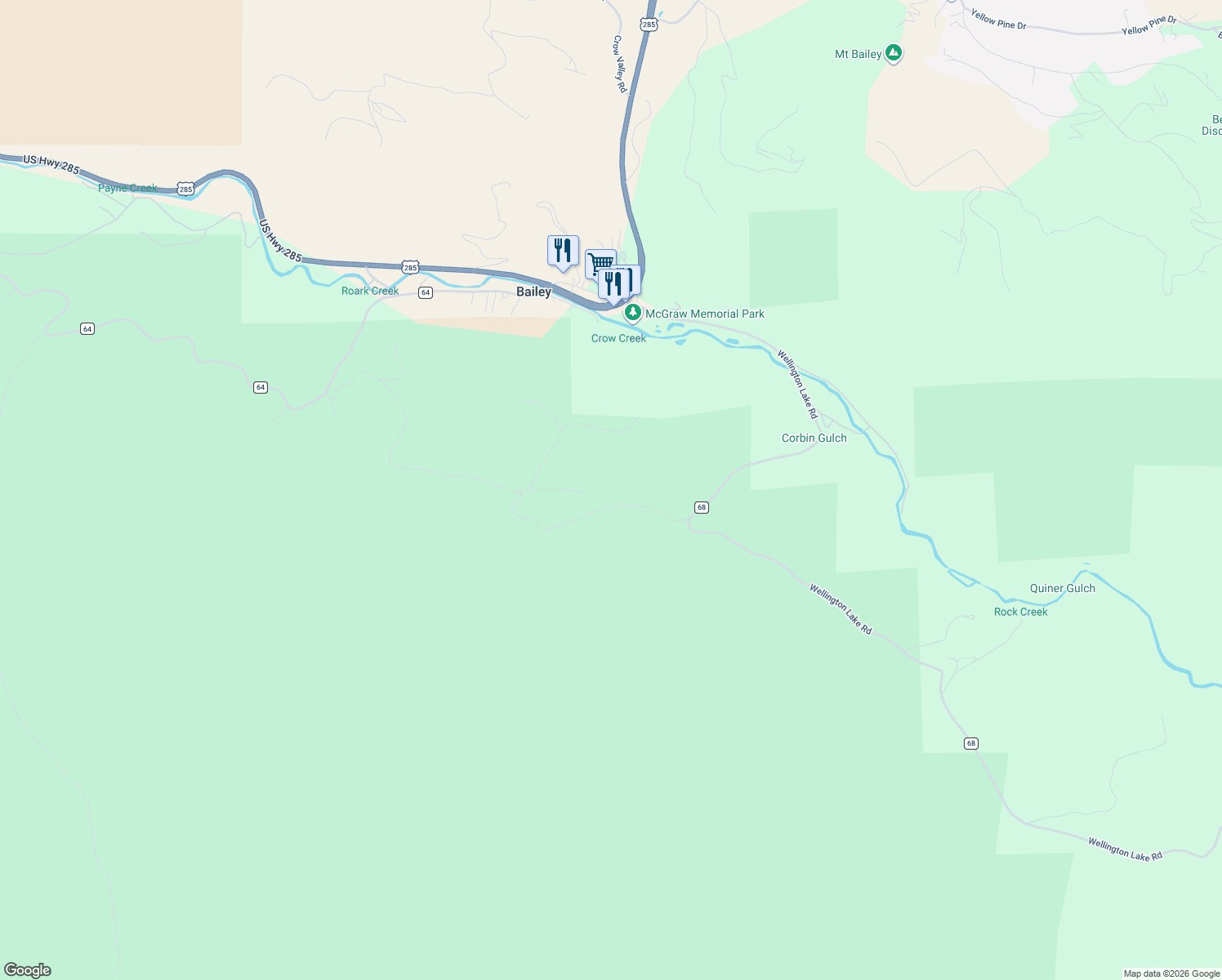 map of restaurants, bars, coffee shops, grocery stores, and more near 875 Happy Top Road in Bailey