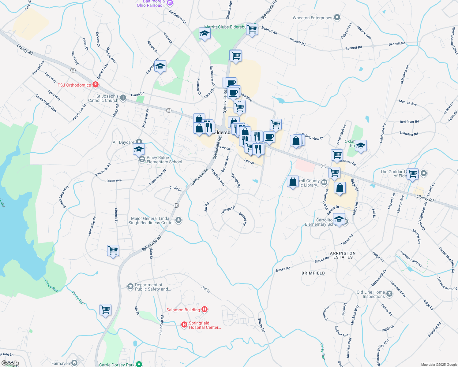 map of restaurants, bars, coffee shops, grocery stores, and more near 1305 Cabello Court in Eldersburg
