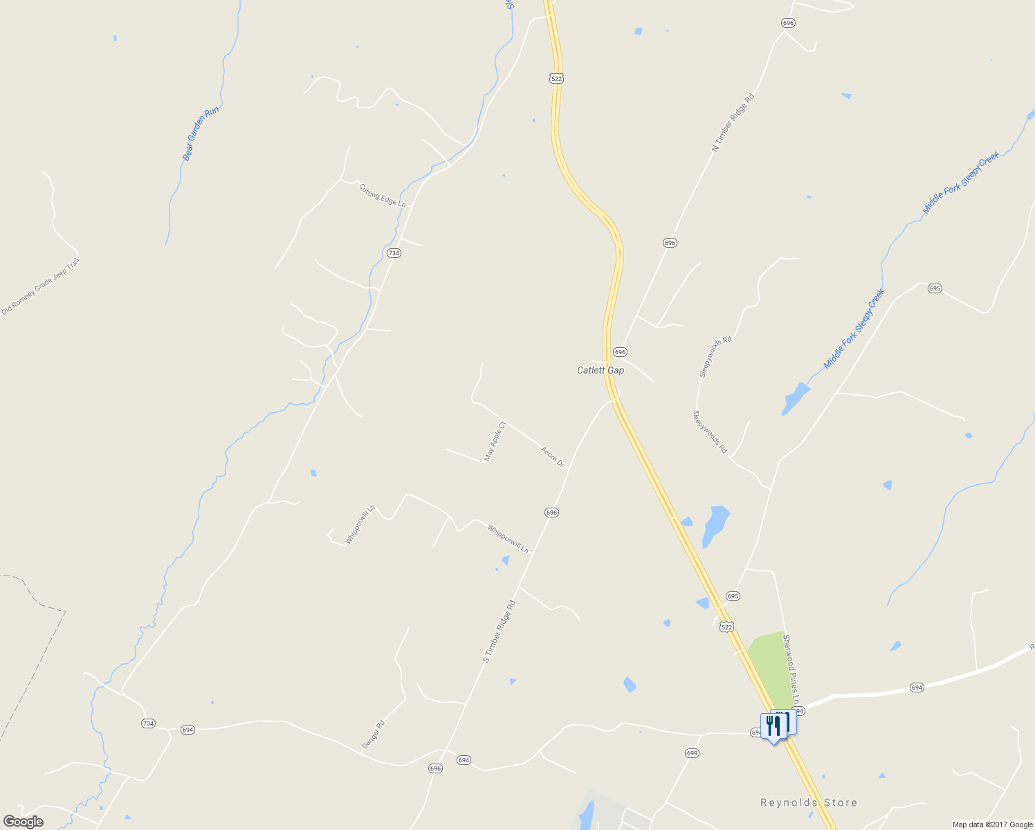 map of restaurants, bars, coffee shops, grocery stores, and more near 186 Acorn Drive in Cross Junction