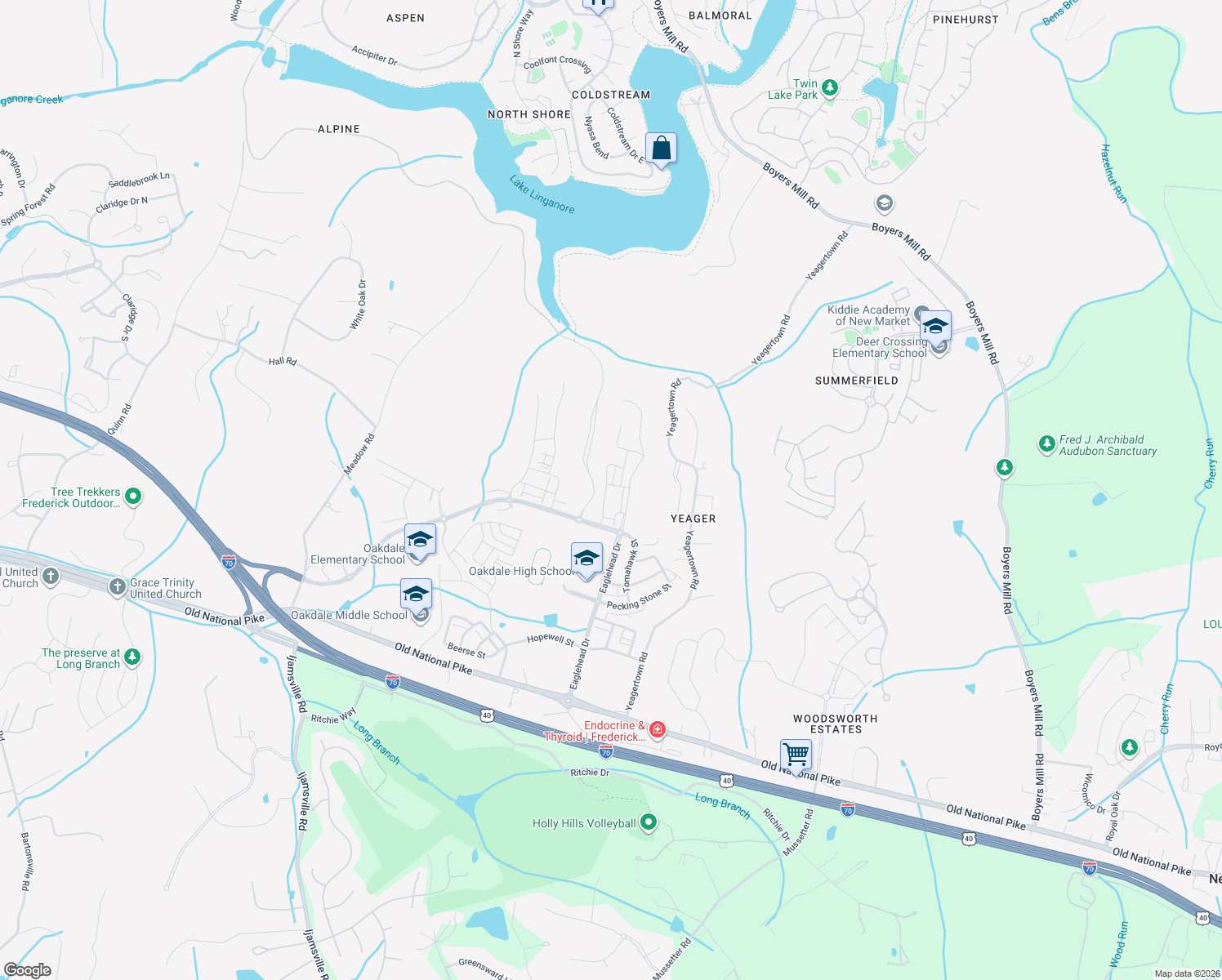map of restaurants, bars, coffee shops, grocery stores, and more near 6045 Goshawk Street in New Market