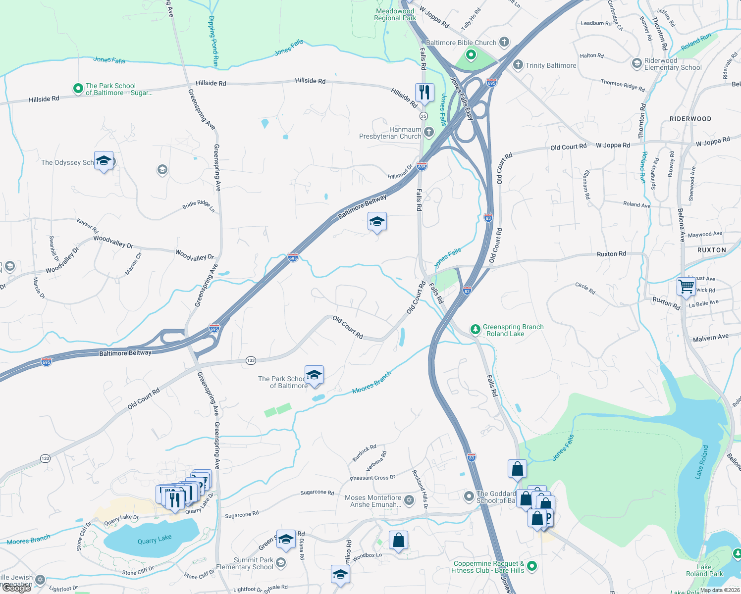 map of restaurants, bars, coffee shops, grocery stores, and more near 2409 Still Forest Road in Pikesville