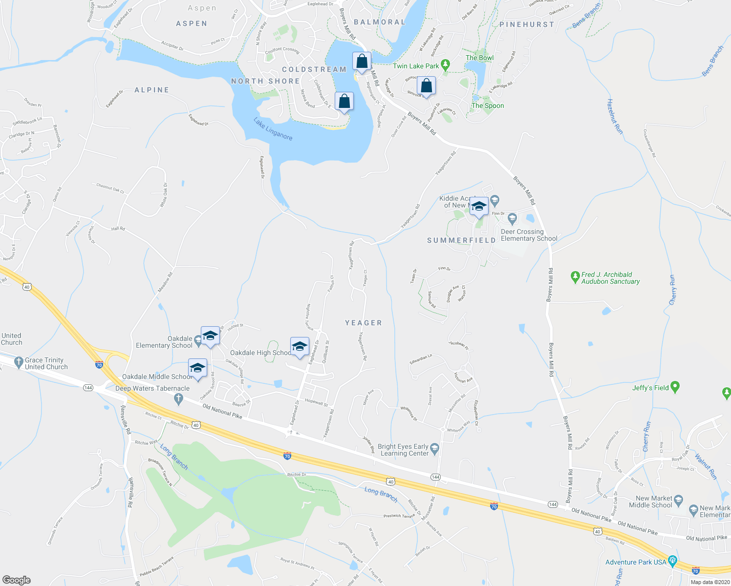 map of restaurants, bars, coffee shops, grocery stores, and more near 5935 Yeagertown Road in New Market