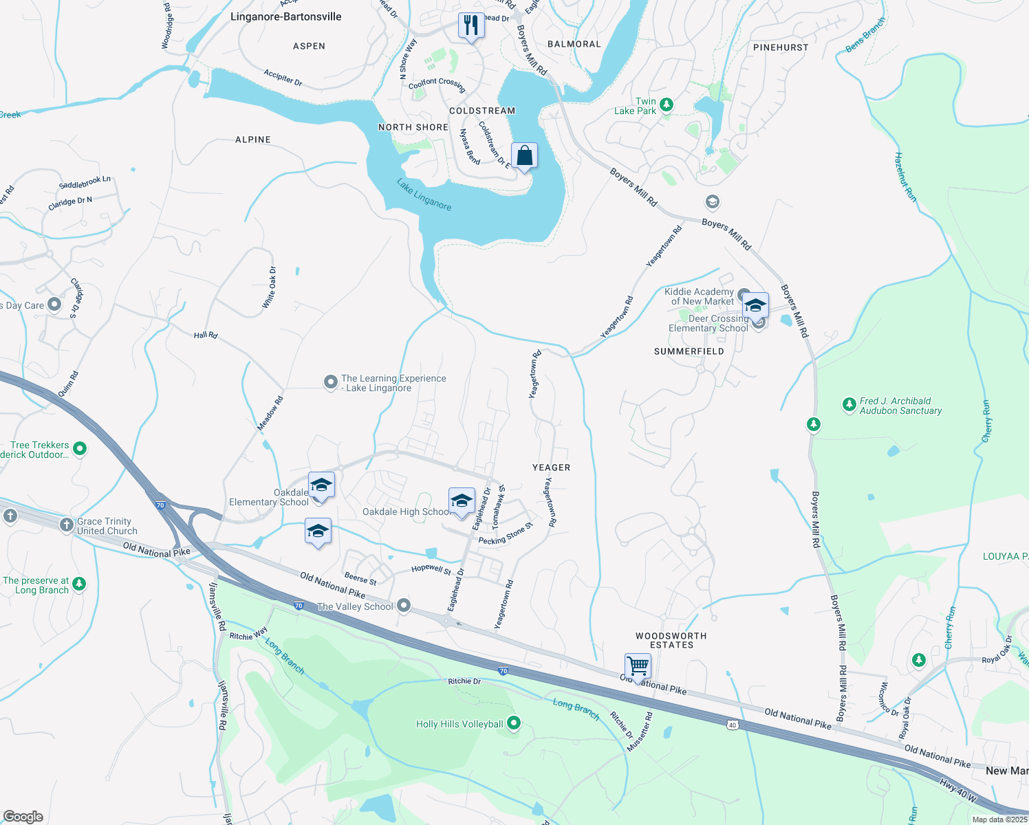 map of restaurants, bars, coffee shops, grocery stores, and more near 6079 Fallfish Court in New Market