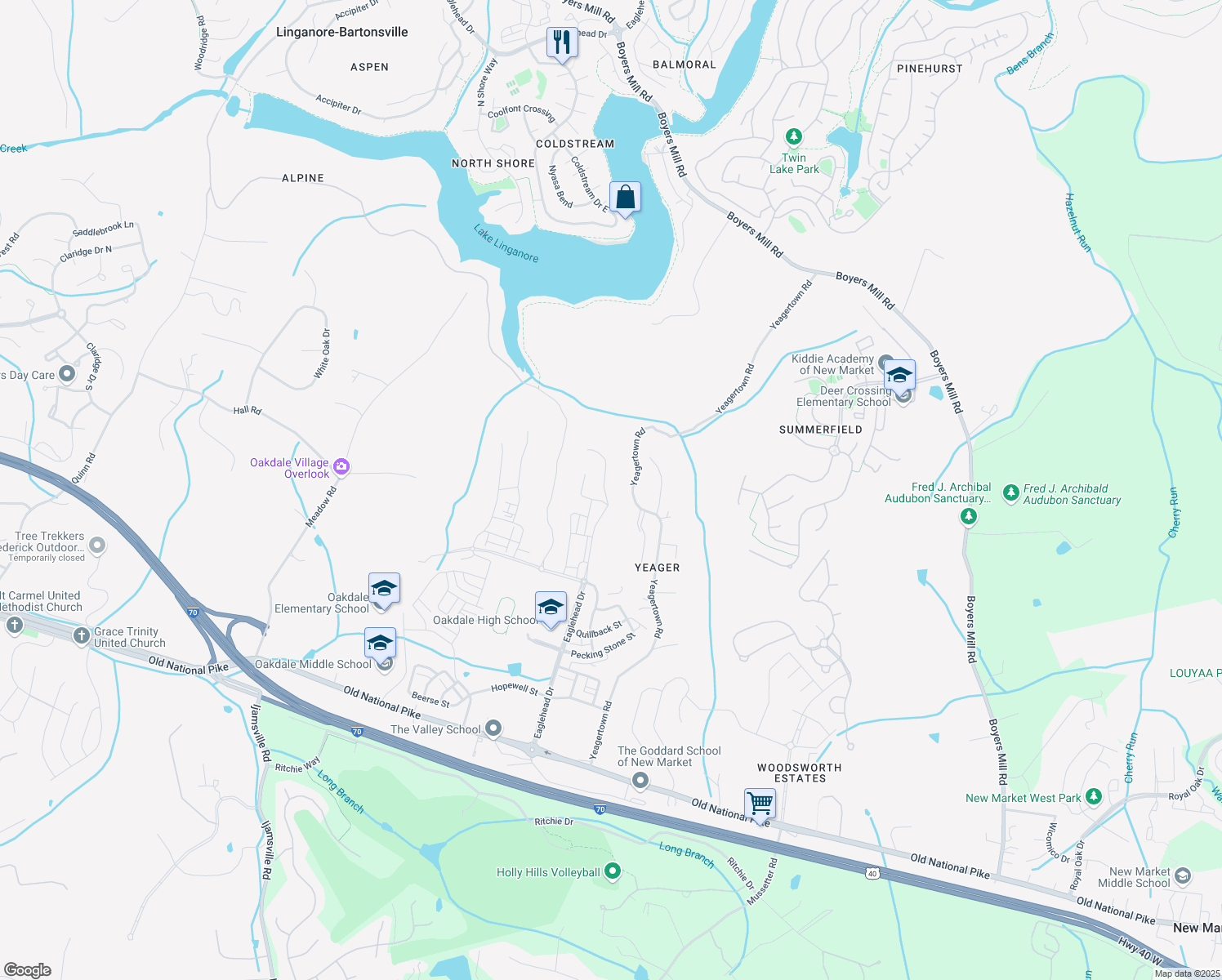 map of restaurants, bars, coffee shops, grocery stores, and more near 6109 Fallfish Court in New Market
