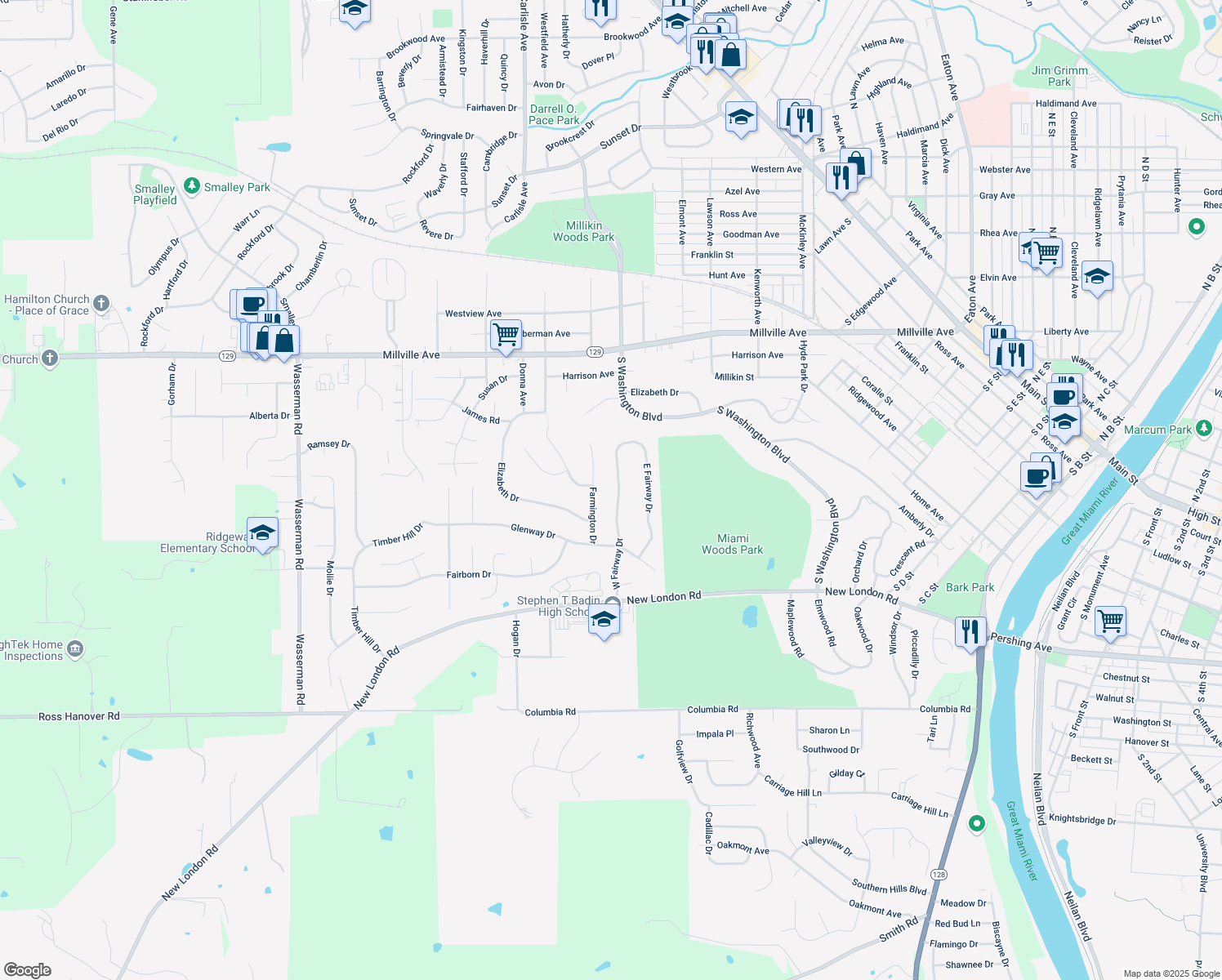 map of restaurants, bars, coffee shops, grocery stores, and more near 119 West Fairway Drive in Hamilton