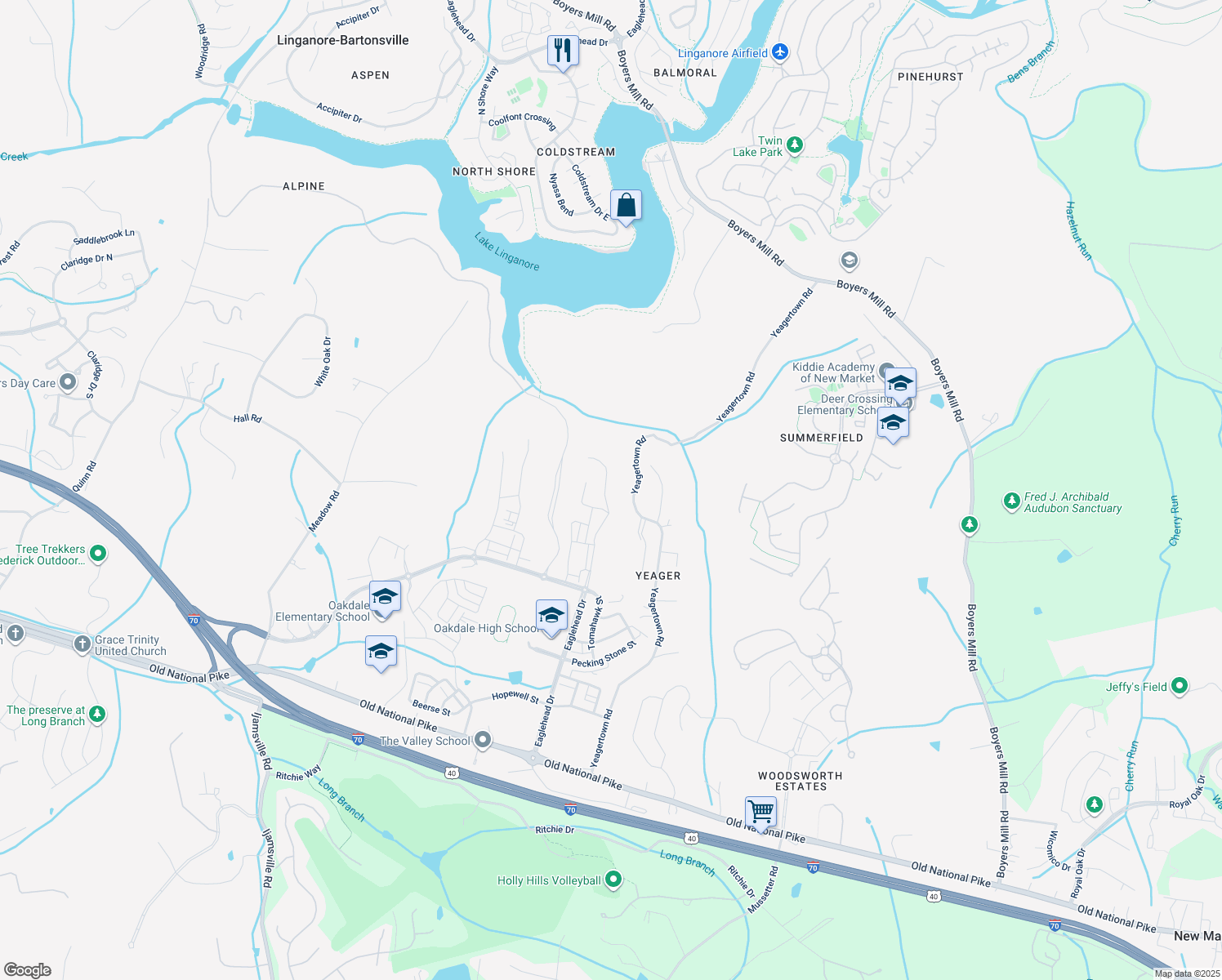map of restaurants, bars, coffee shops, grocery stores, and more near 6117 Fallfish Court in New Market