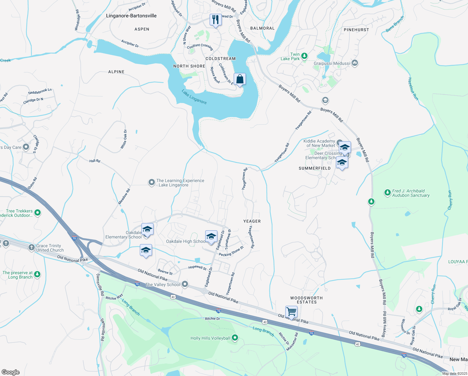 map of restaurants, bars, coffee shops, grocery stores, and more near 6117 Fallfish Court in New Market