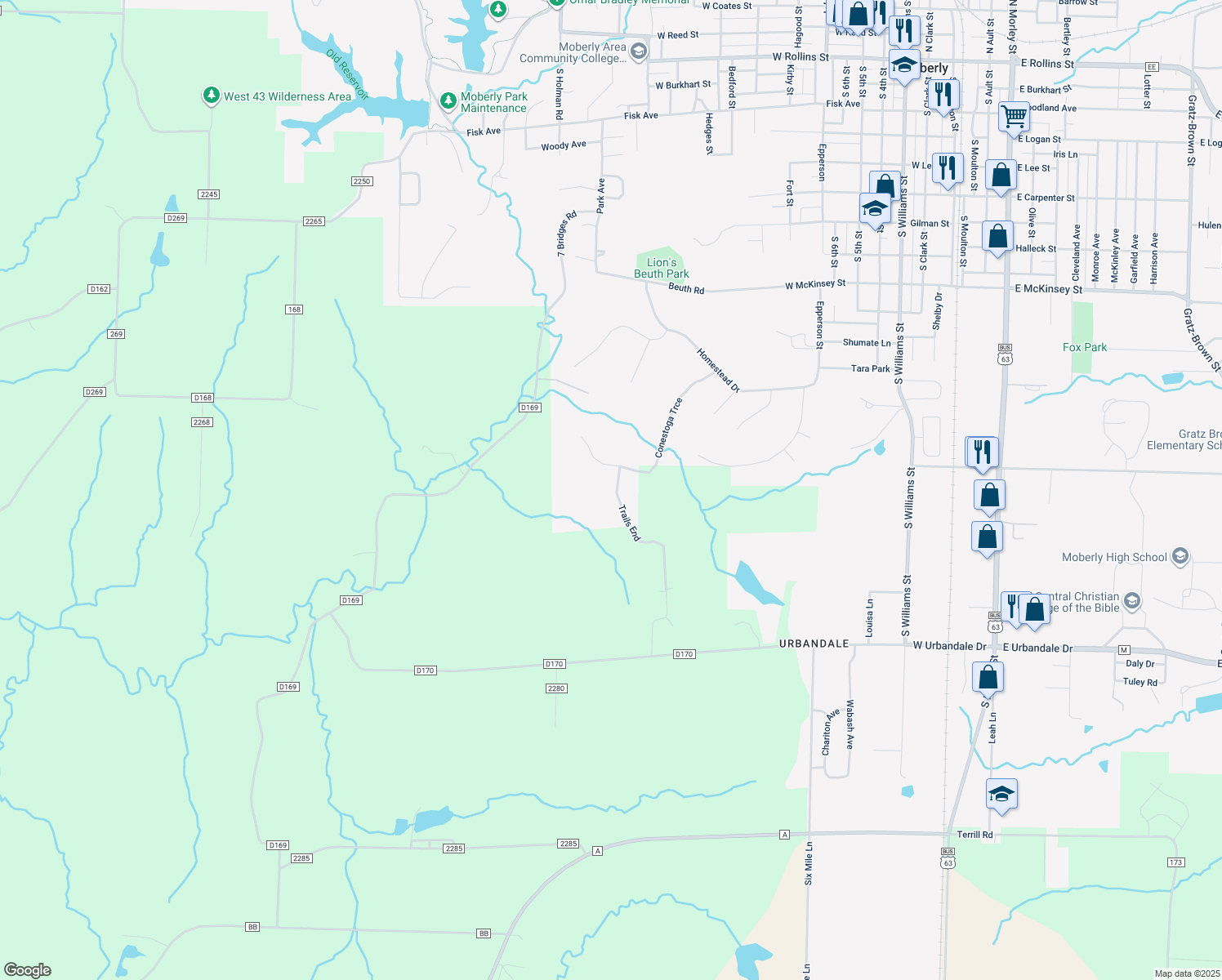 map of restaurants, bars, coffee shops, grocery stores, and more near 1425 Trails End in Moberly