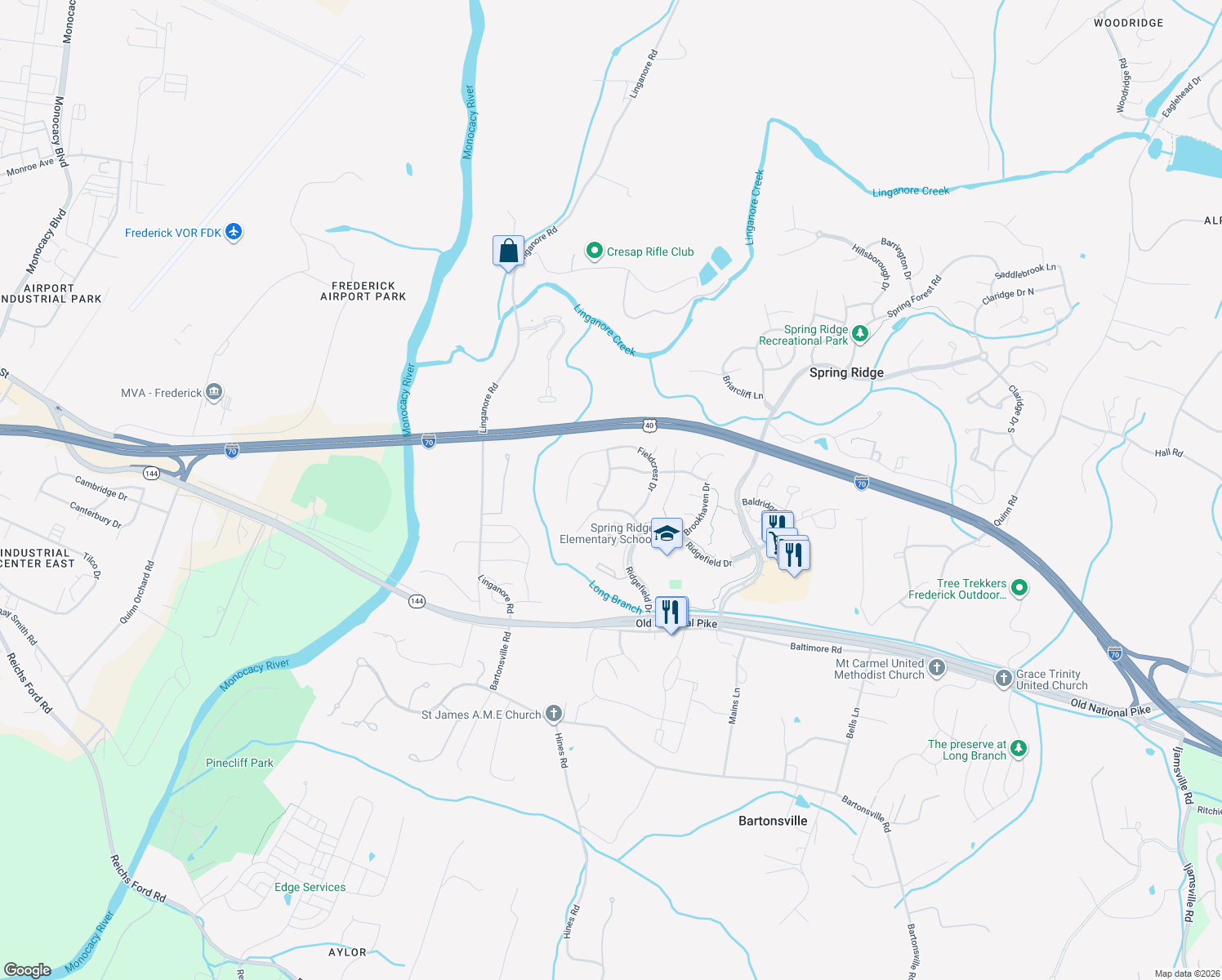map of restaurants, bars, coffee shops, grocery stores, and more near 6105 Spring Meadow Lane in Frederick