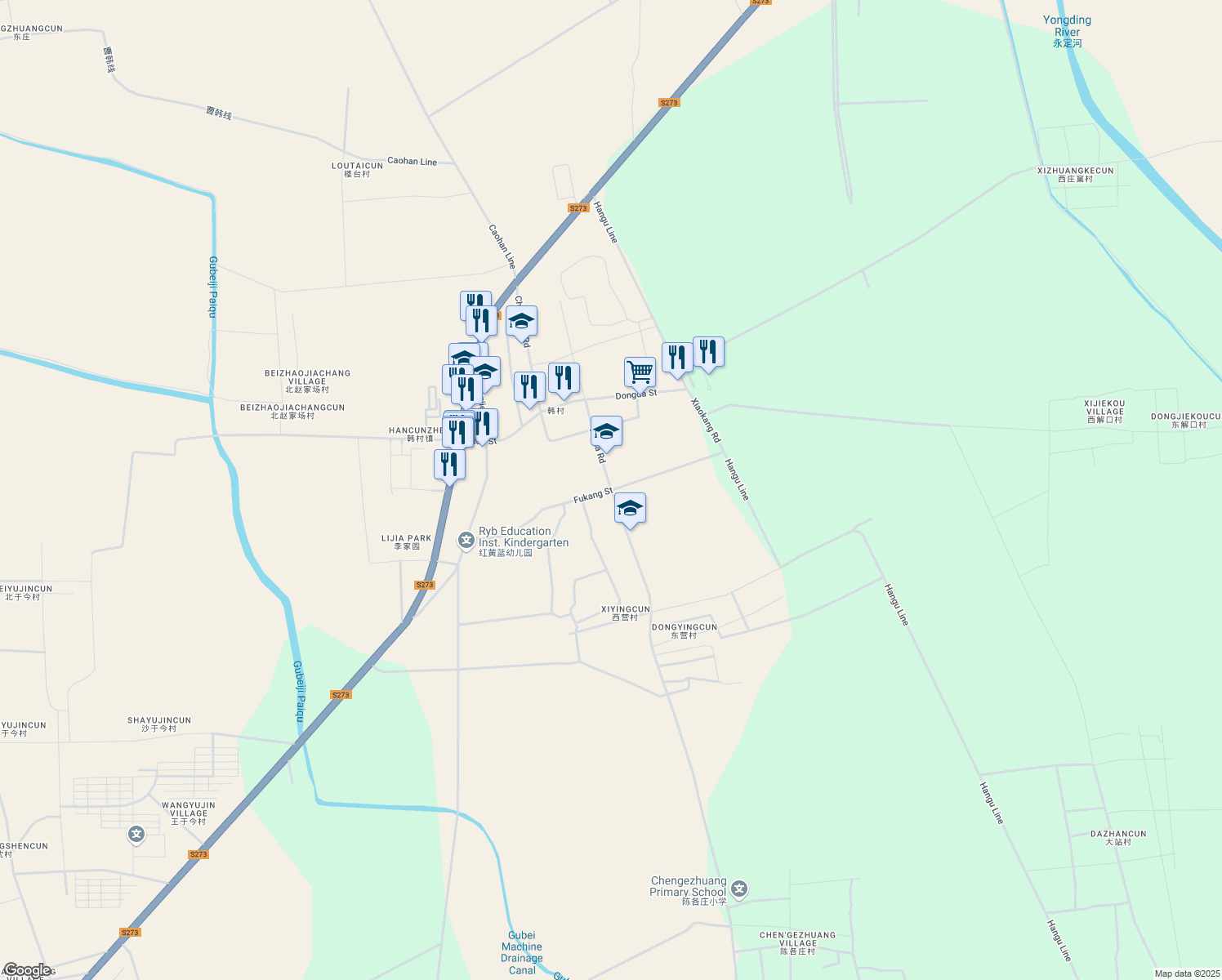 map of restaurants, bars, coffee shops, grocery stores, and more near Yu Hua Lu in Lang Fang Shi