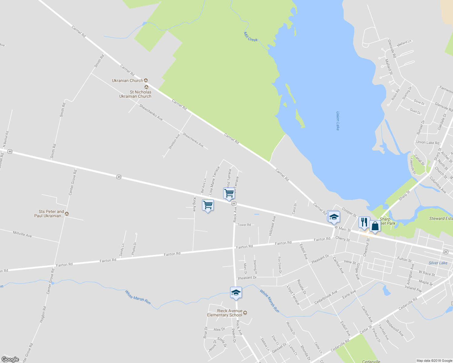 map of restaurants, bars, coffee shops, grocery stores, and more near 12 Westwood Terrace in Millville