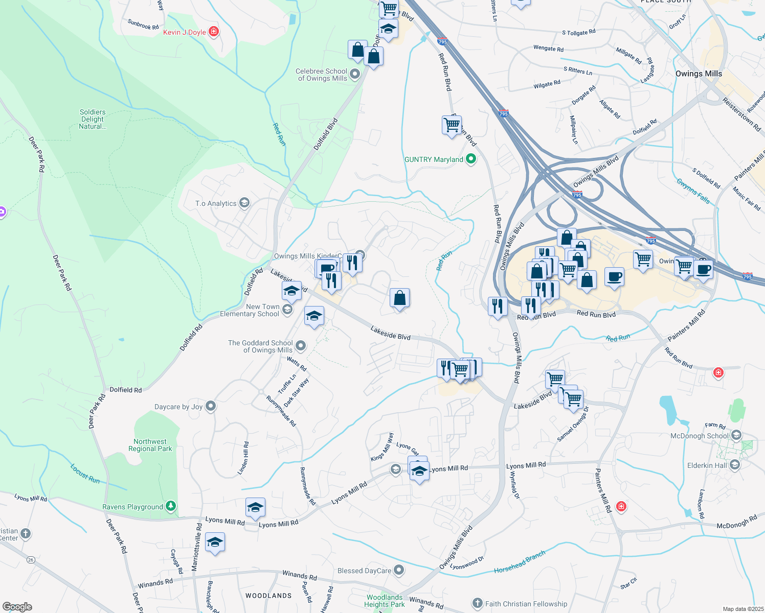 map of restaurants, bars, coffee shops, grocery stores, and more near 4609 Mews Drive in Owings Mills