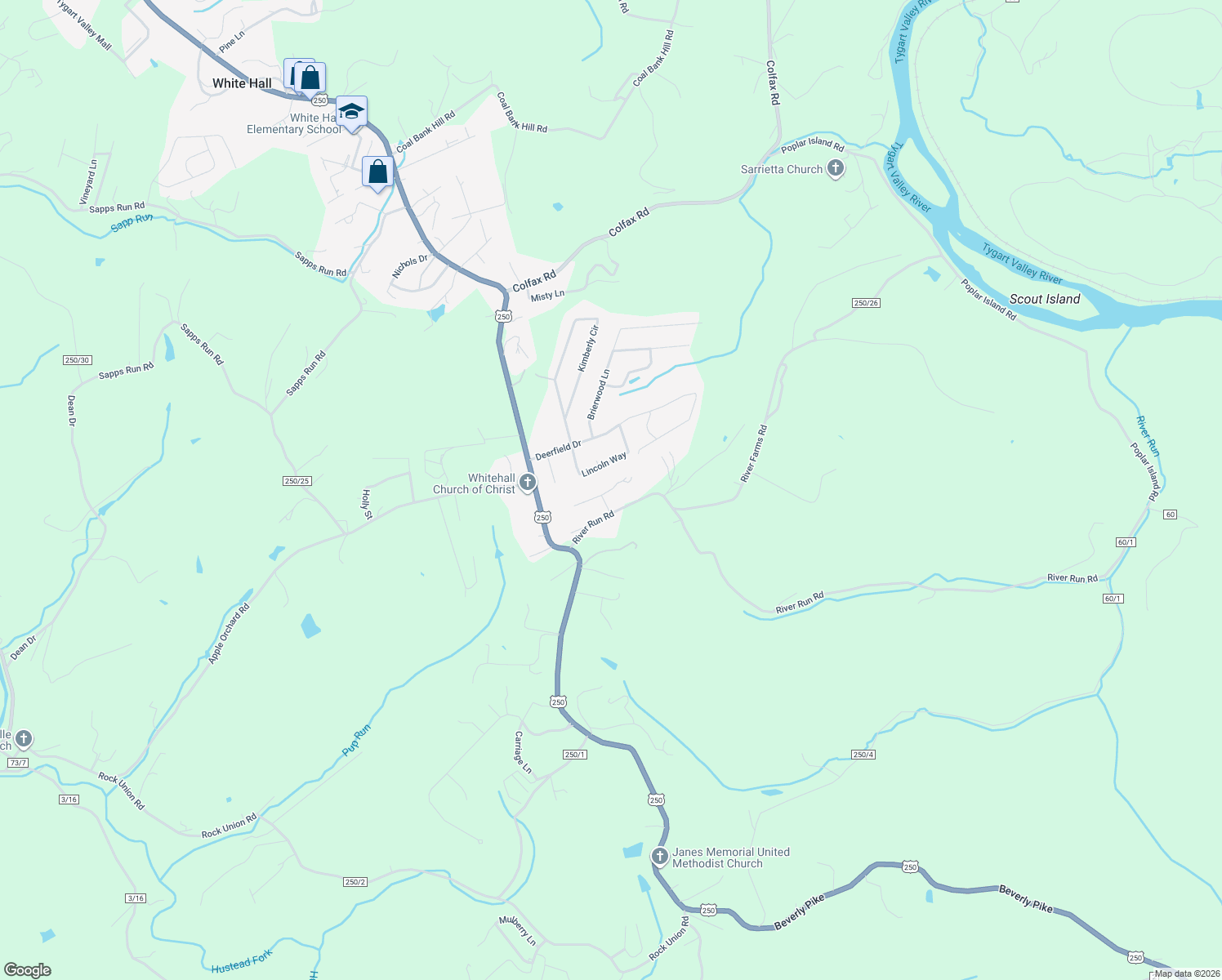 map of restaurants, bars, coffee shops, grocery stores, and more near 99 Pineridge Lane in Fairmont