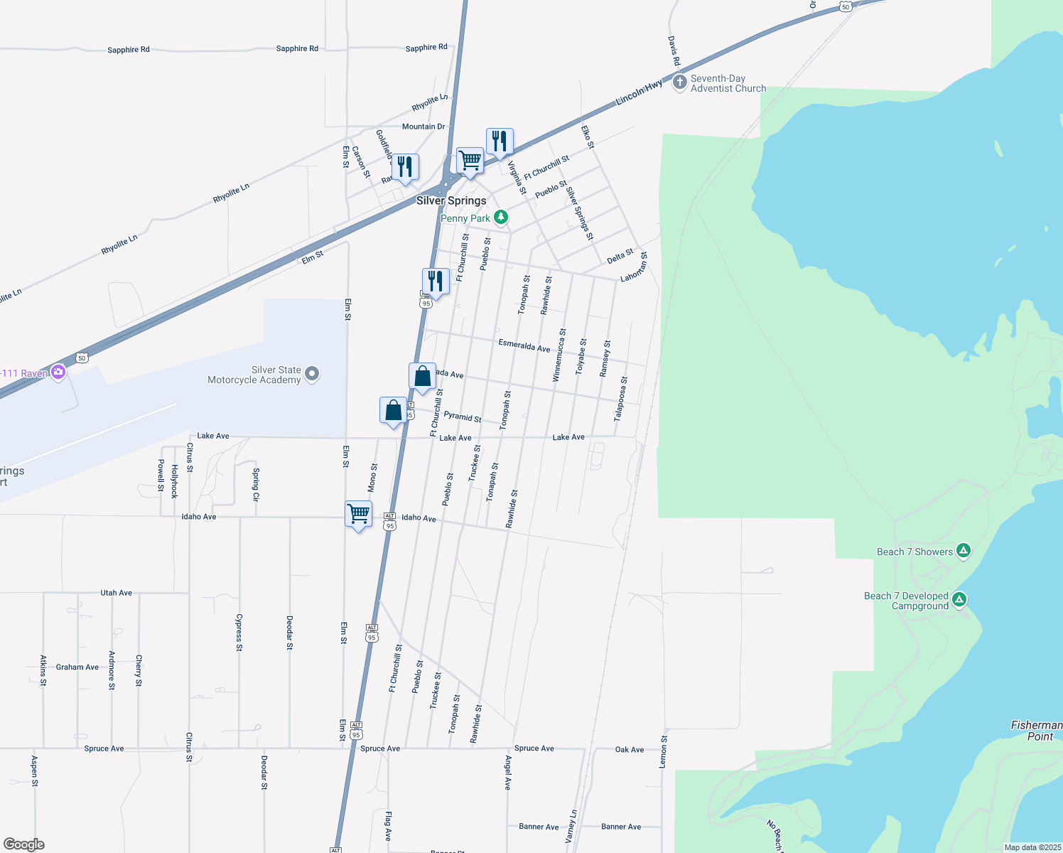 map of restaurants, bars, coffee shops, grocery stores, and more near 2980 Rawhide St in Silver Springs