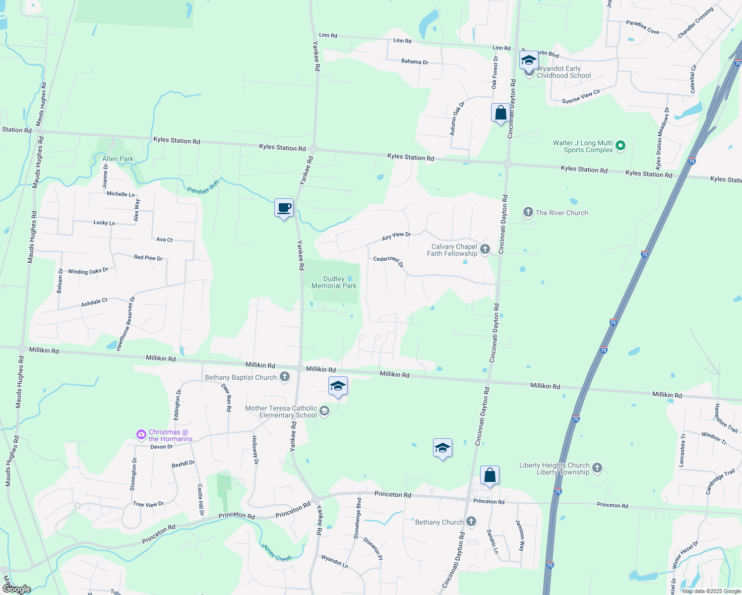 map of restaurants, bars, coffee shops, grocery stores, and more near 5766 Treeside Drive in Butler County