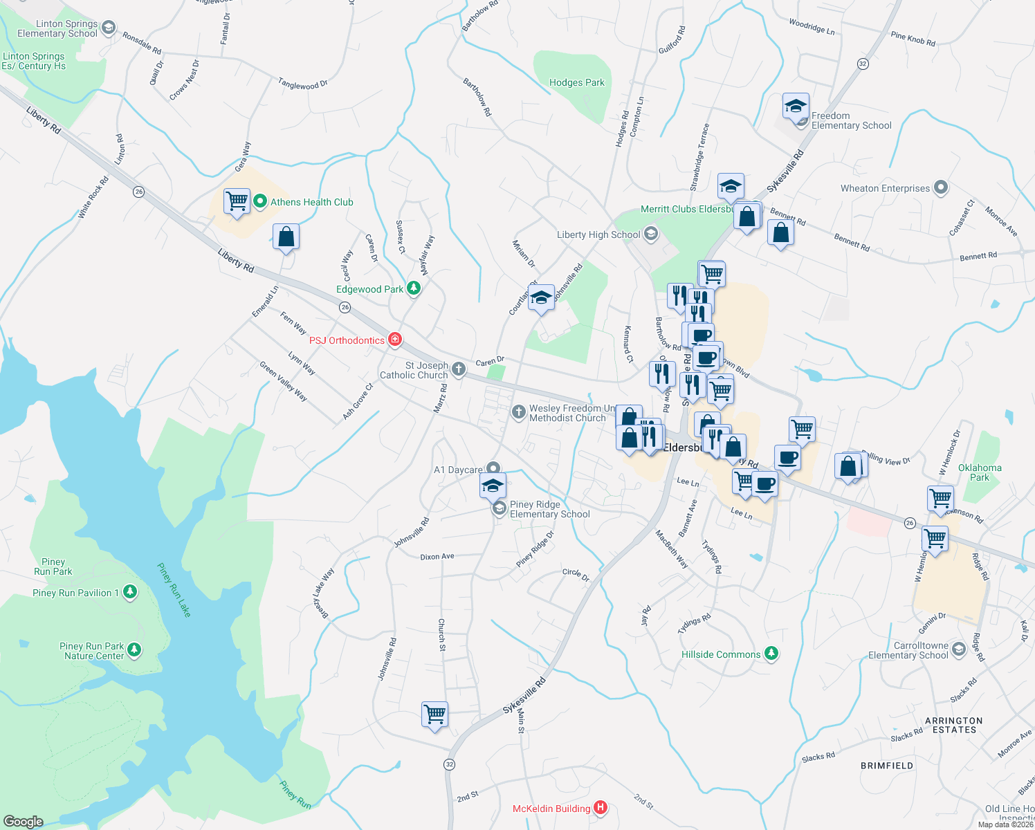 map of restaurants, bars, coffee shops, grocery stores, and more near Marion Court in Eldersburg